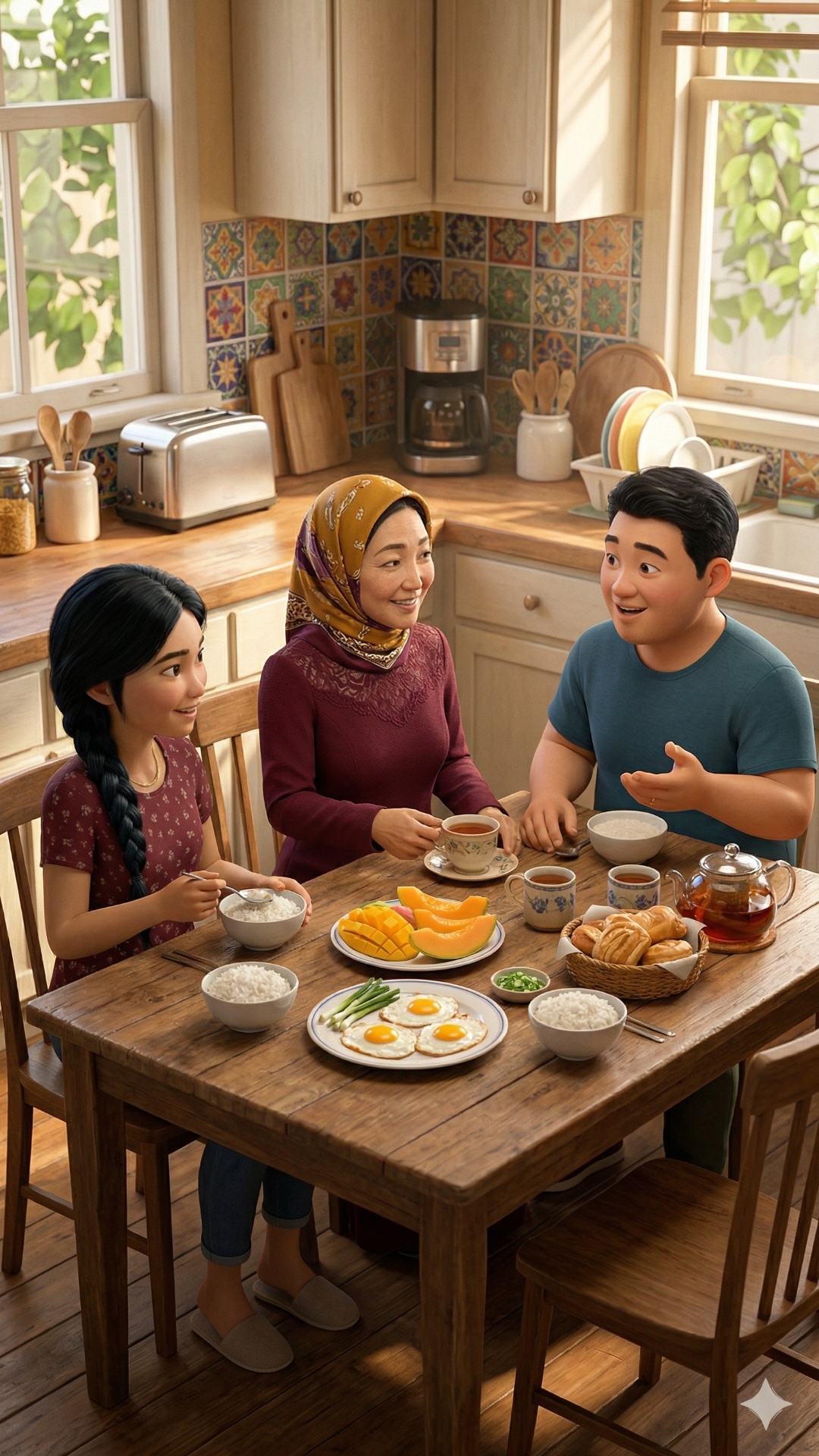 Medium shot, cozy home setting, soft warm lighting. A family sits at a table. A middle-aged woman...