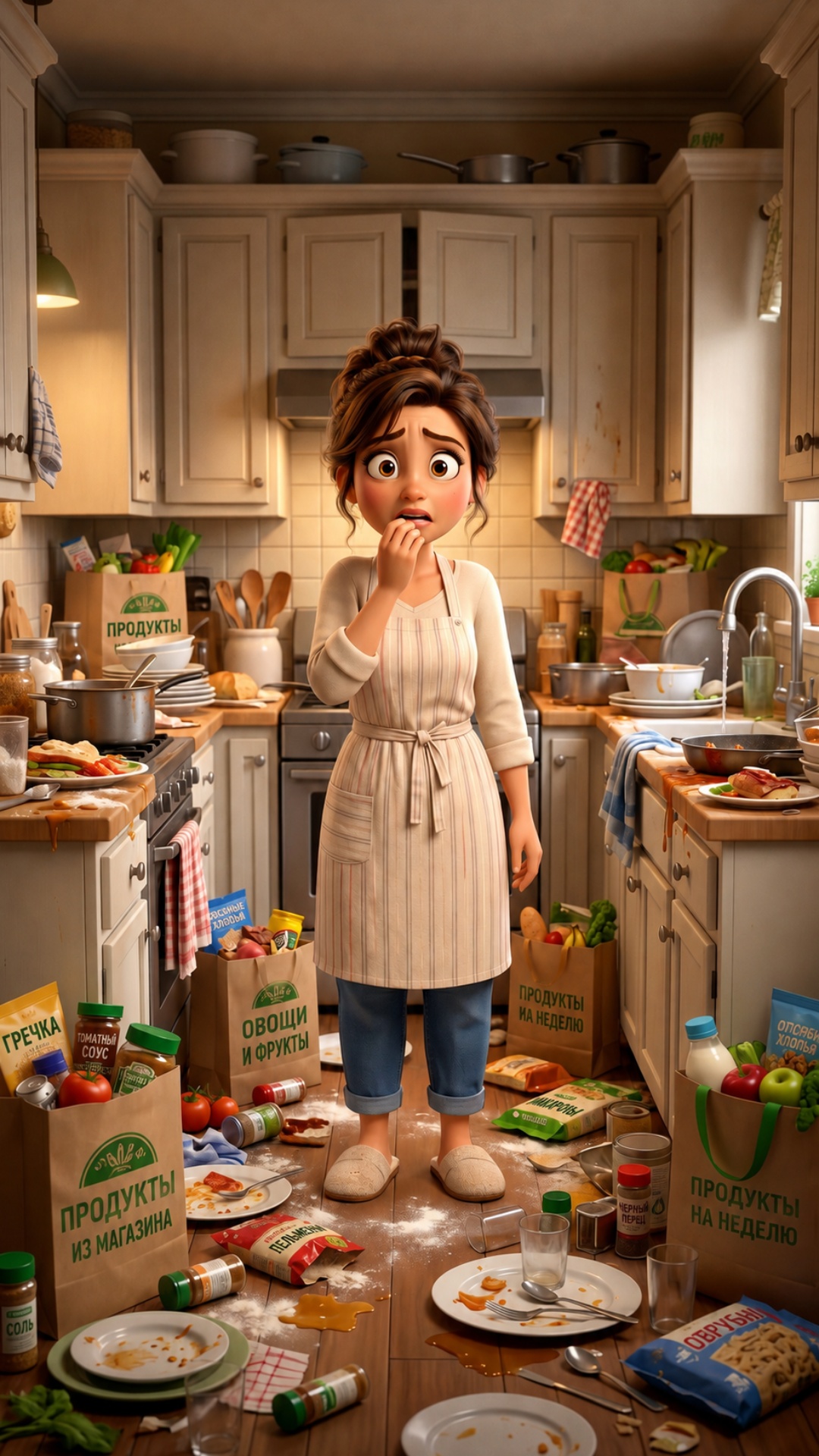 The mother stands in the kitchen looking around at the mess. She slowly looks left and right, thi...