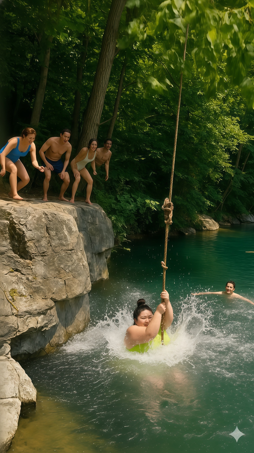 Location: a deep mountain valley river in Korea.
In the clear emerald water, a Korean man swims q...