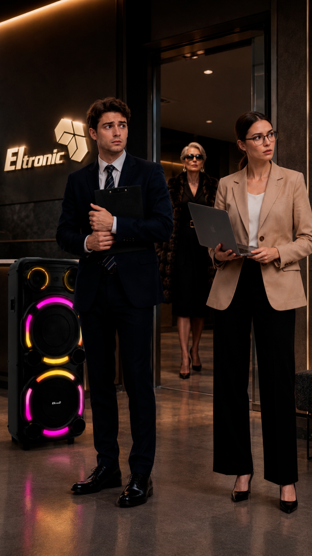 Luxury office lobby. Two employees suddenly freeze after noticing someone arriving. The woman wit...