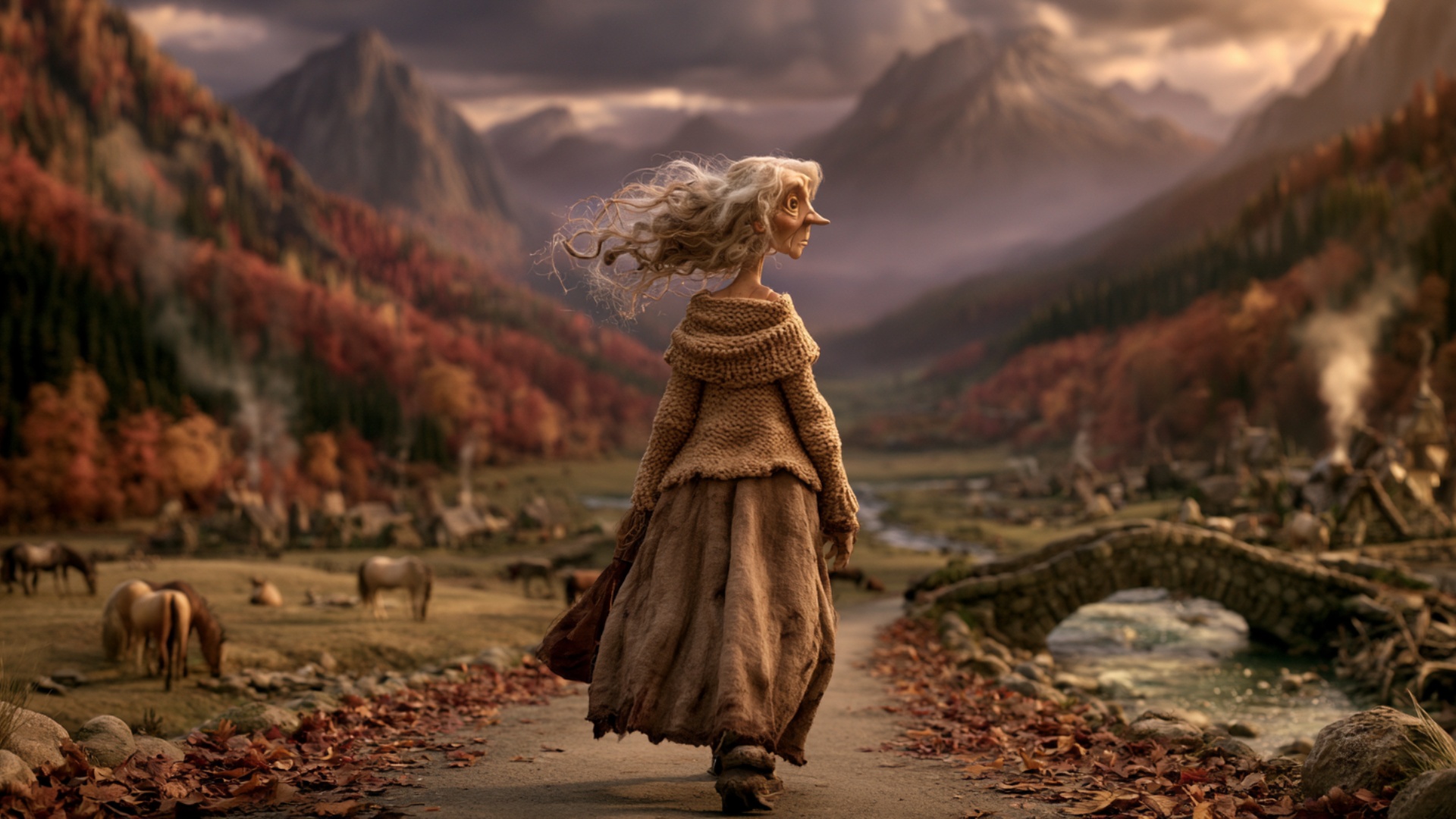 The woman continues walking steadily forward along the existing leaf-covered road, taking several...