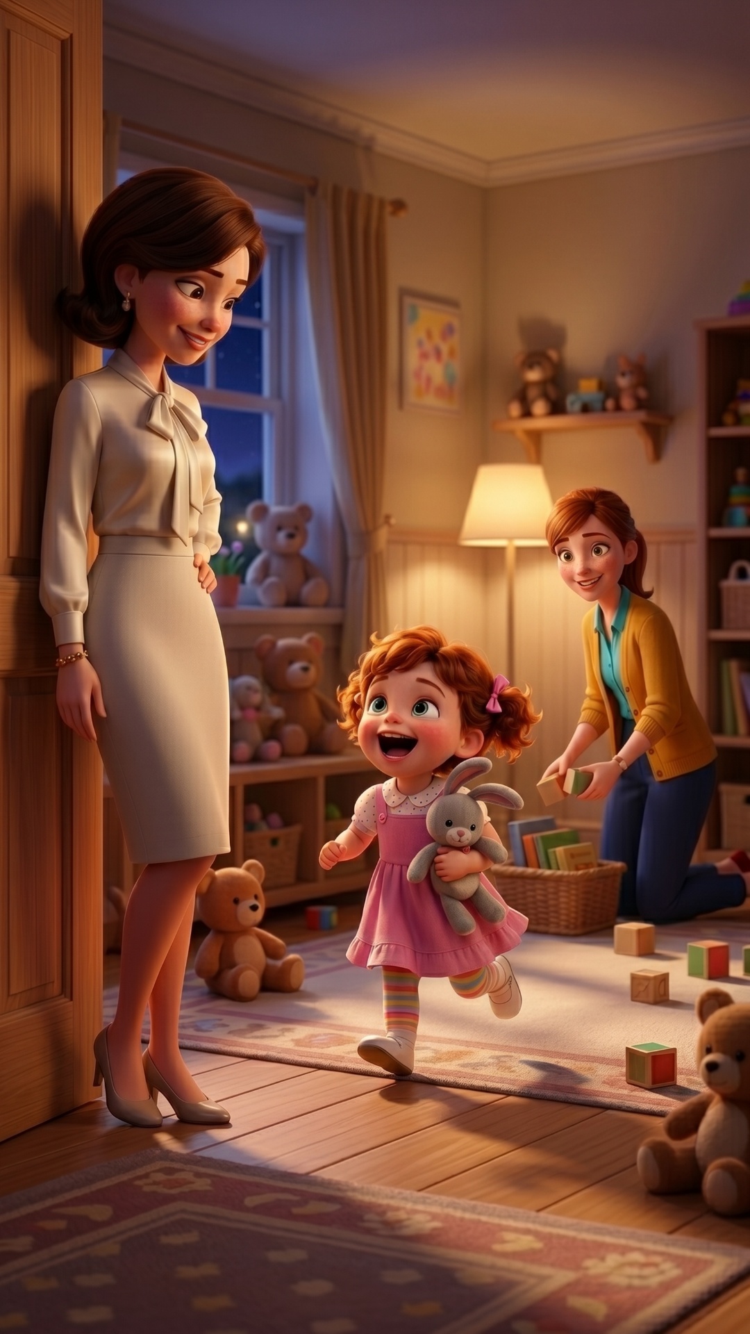 3D animation, Pixar style. A heartwarming evening scene in a cozy nursery. Start state: Mama Mari...