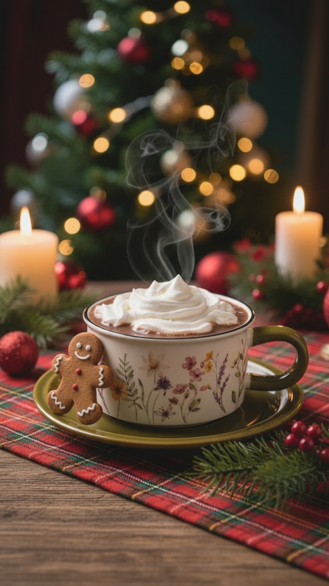 Animate the scene: the gingerbread man cookie next to the cup slowly comes to life, blinks and sm...