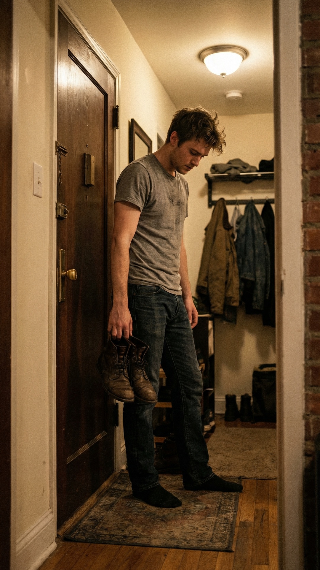 man placing shoes near door, natural движения рук, slight body shift, casual everyday motion, han...