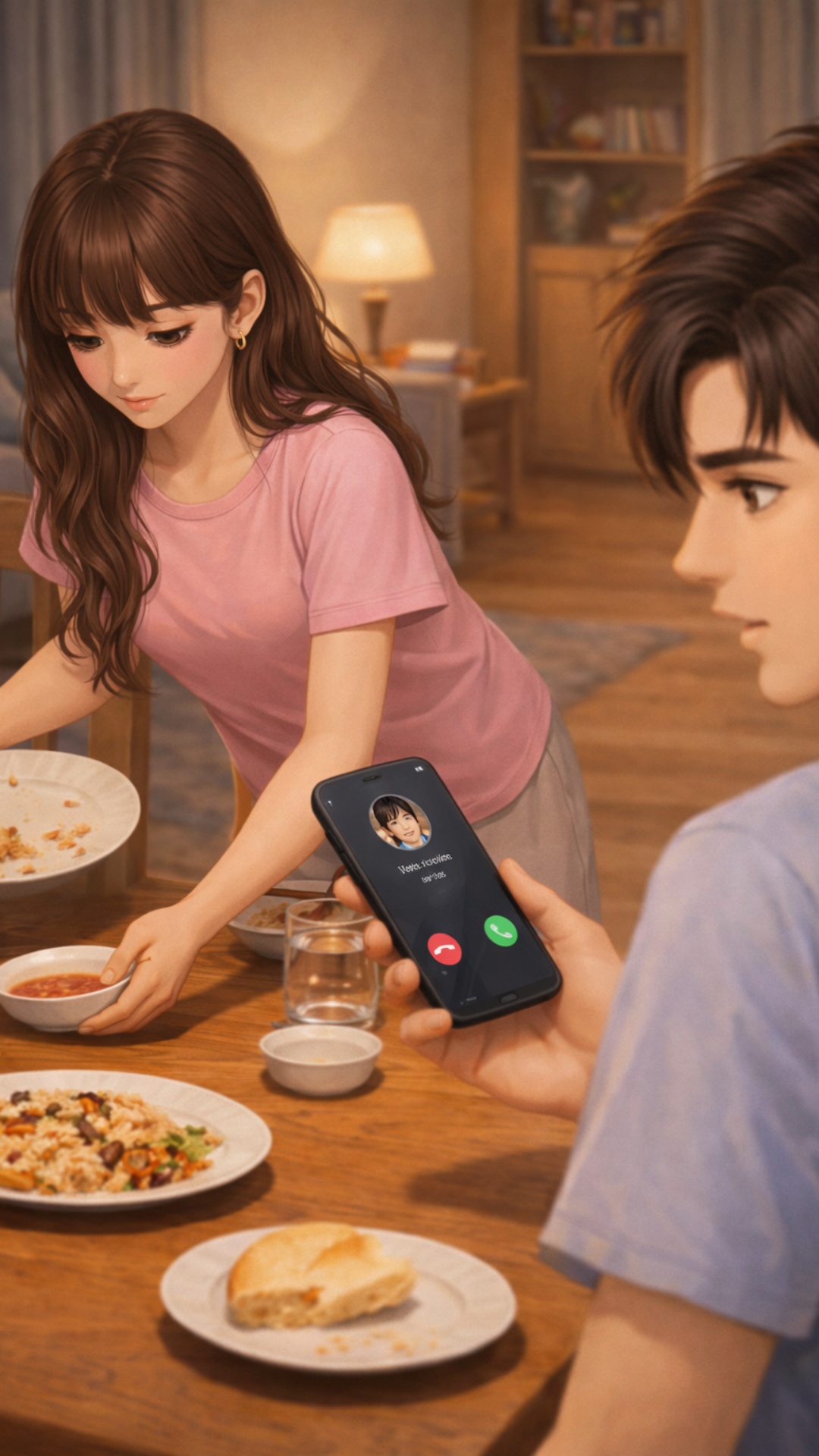Cozy home, evening.
Young couple after dinner.
The woman collects plates and walks to the kitchen...