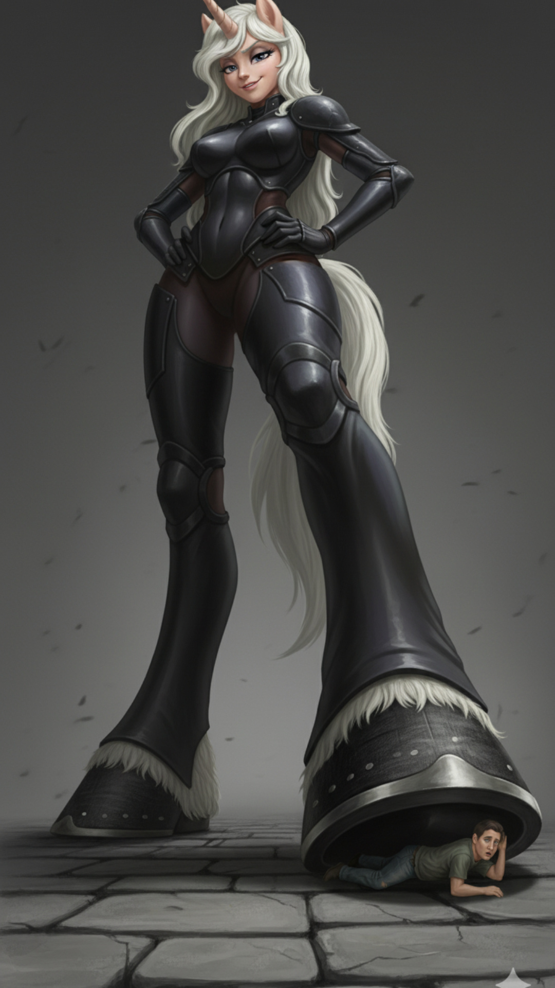 She is talking something and then crushing the Tiny guy under her hoof. some little Red splatters...