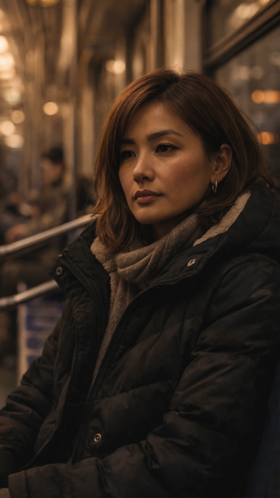 Cinematic realistic metro interior, lonely Kyrgyz woman sitting in train, soft movement of subway...