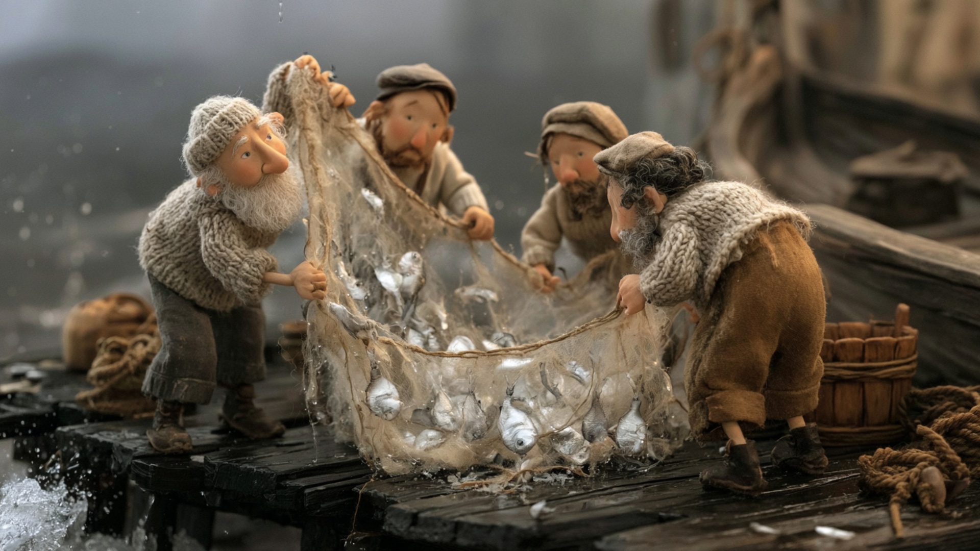 The four fishermen spread the heavy net outward between them, opening it to reveal the catch. Eac...
