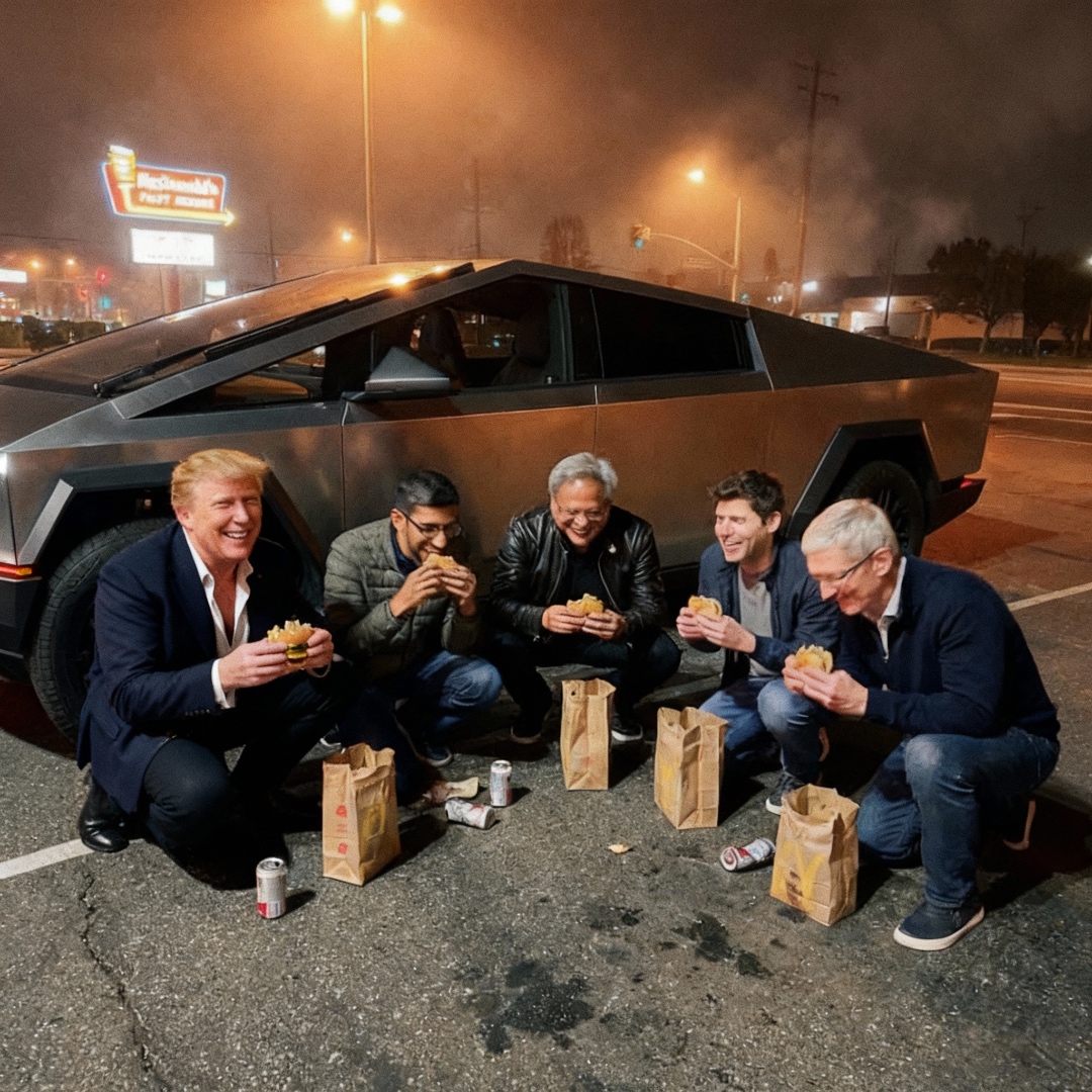 Candid night photography, grainy smartphone quality. A viral social media photo of tech billionai...