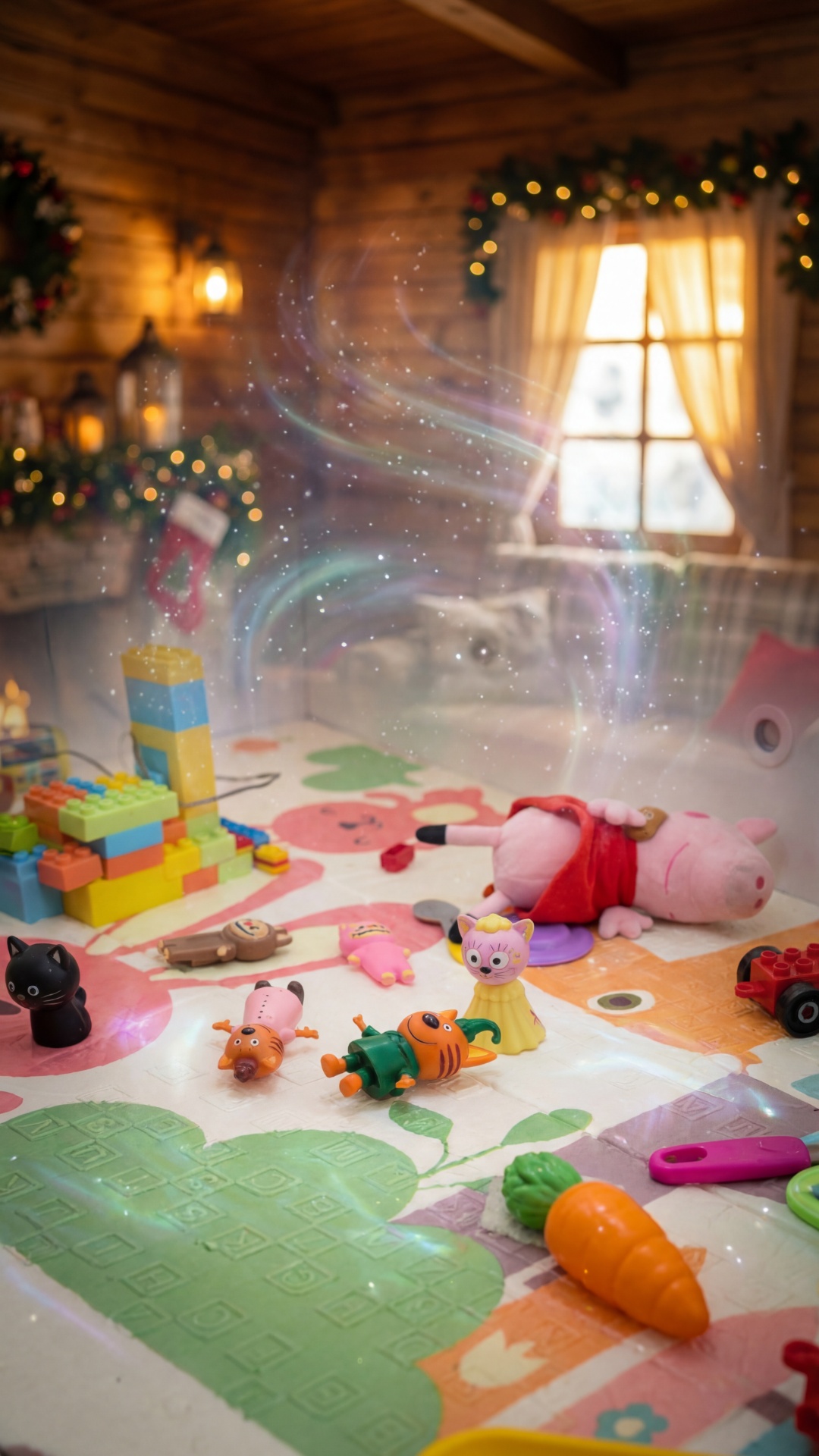 Smooth camera pan across a cozy child's room floor. We see "Three Cats" figures, a soft Peppa Pig...