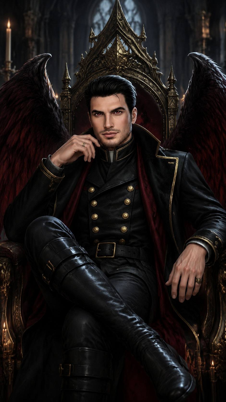 Use reference character.

Lucifer sits on a dark gothic throne inside a grand cathedral. His blac...