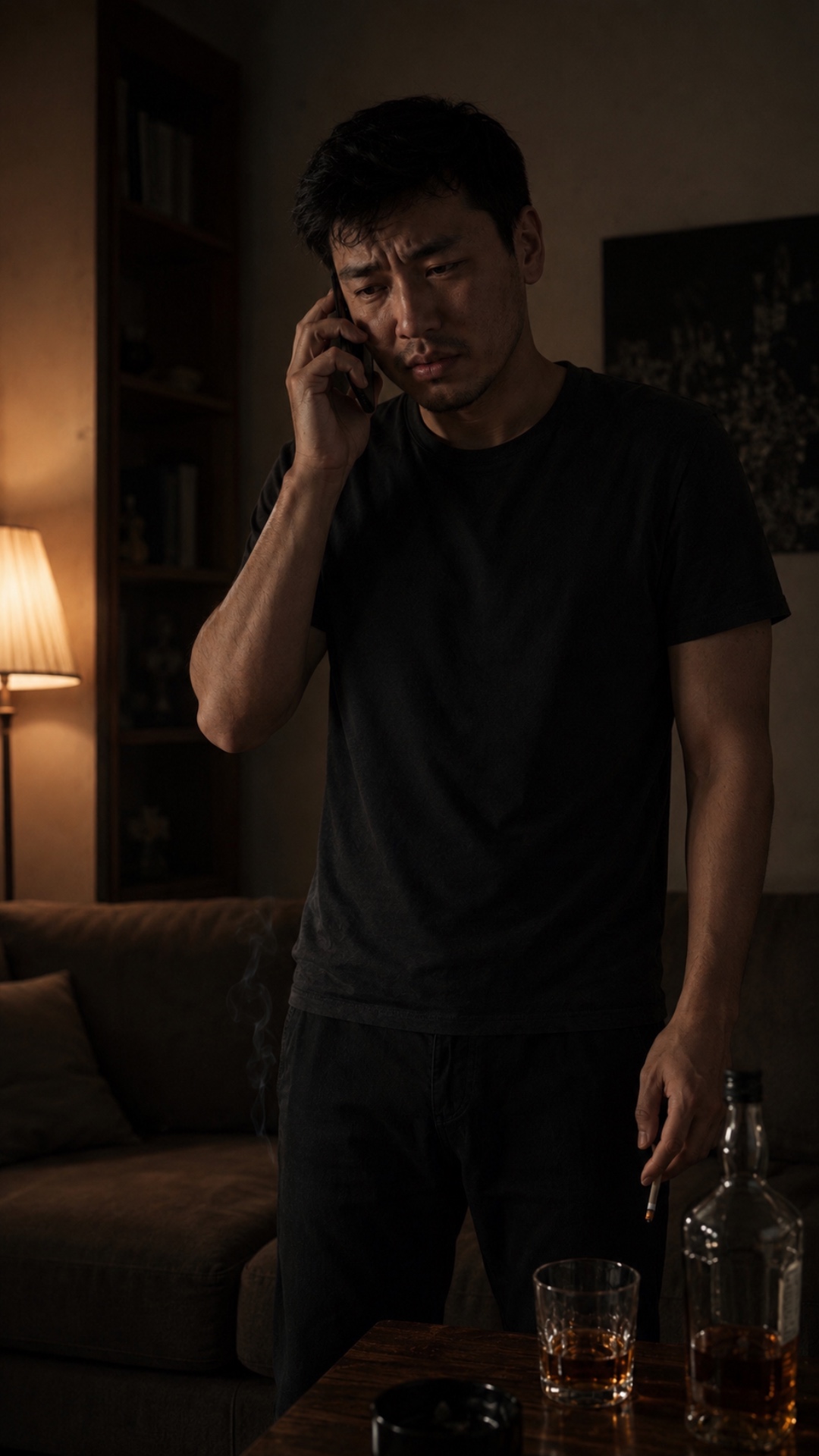 Use the image as first frame. Realistic vertical 9:16 video.

Arsen stands alone in a dark room, ...