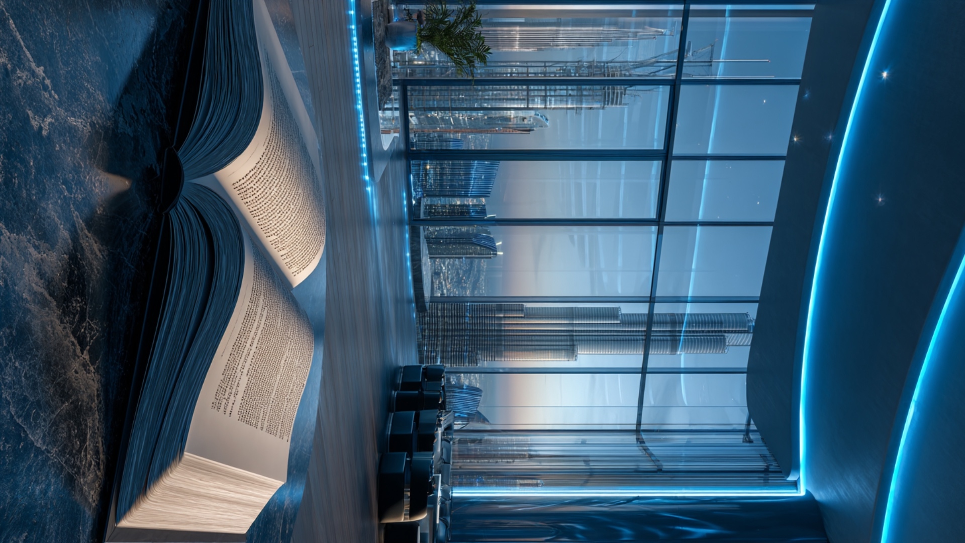 A massive futuristic book, standing on a glowing surface, opening slowly with rays of turquoise a...