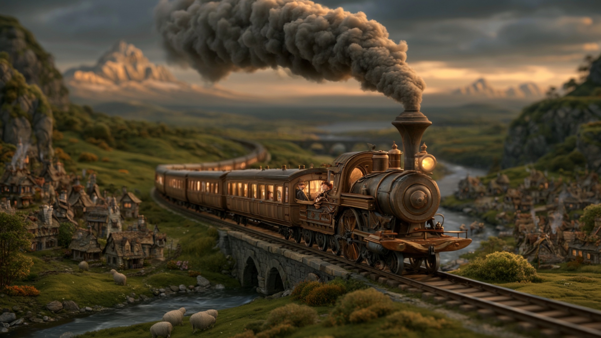 The vintage steam train travels steadily forward along the existing curved stone bridge. The whee...