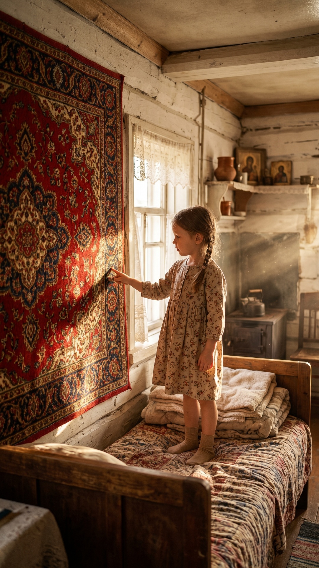 A young child gently tracing fingers along the intricate red patterned carpet on the wall in a su...