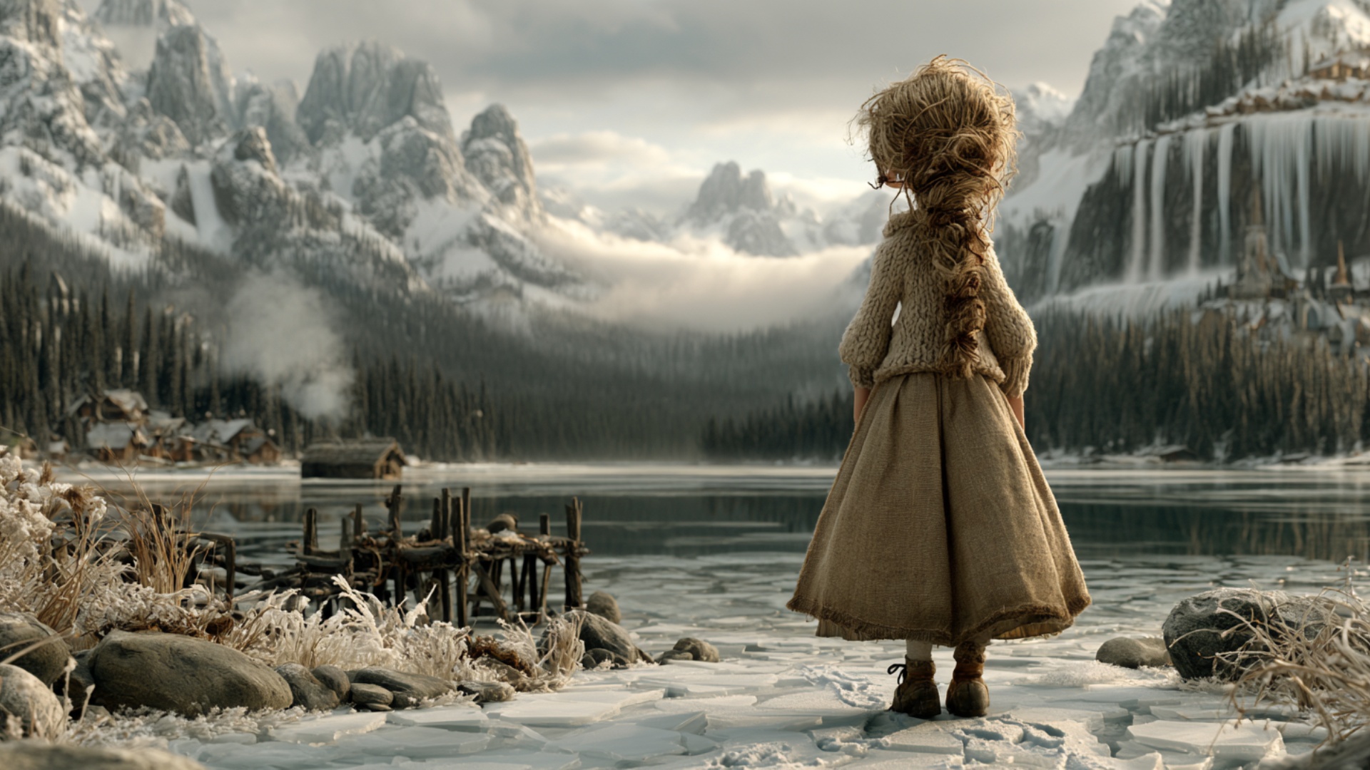 The woman stands facing the frozen lake and slowly takes two careful steps forward along the exis...