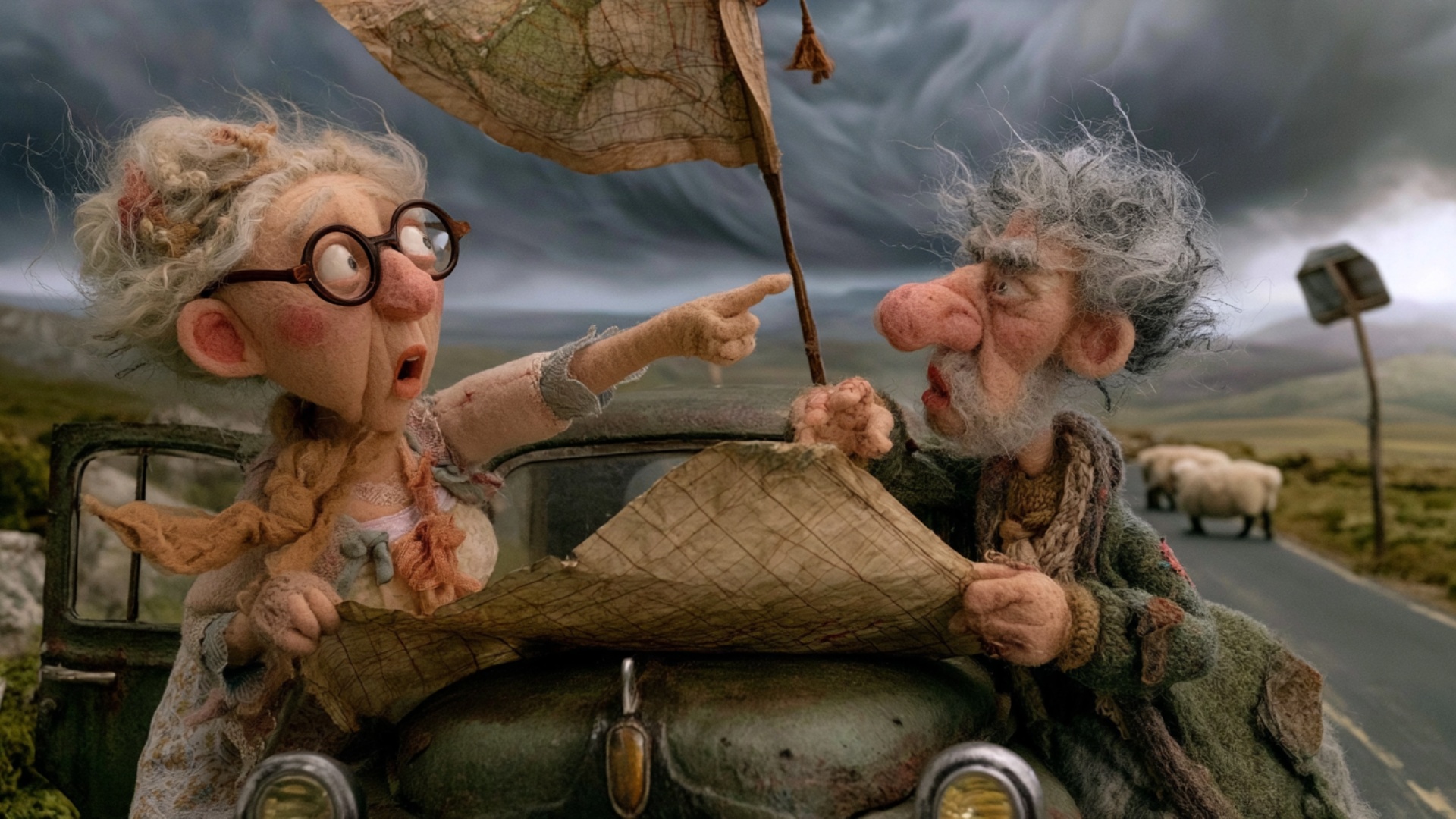 The elderly couple continues arguing over the route when a sudden stronger gust lifts the upper s...