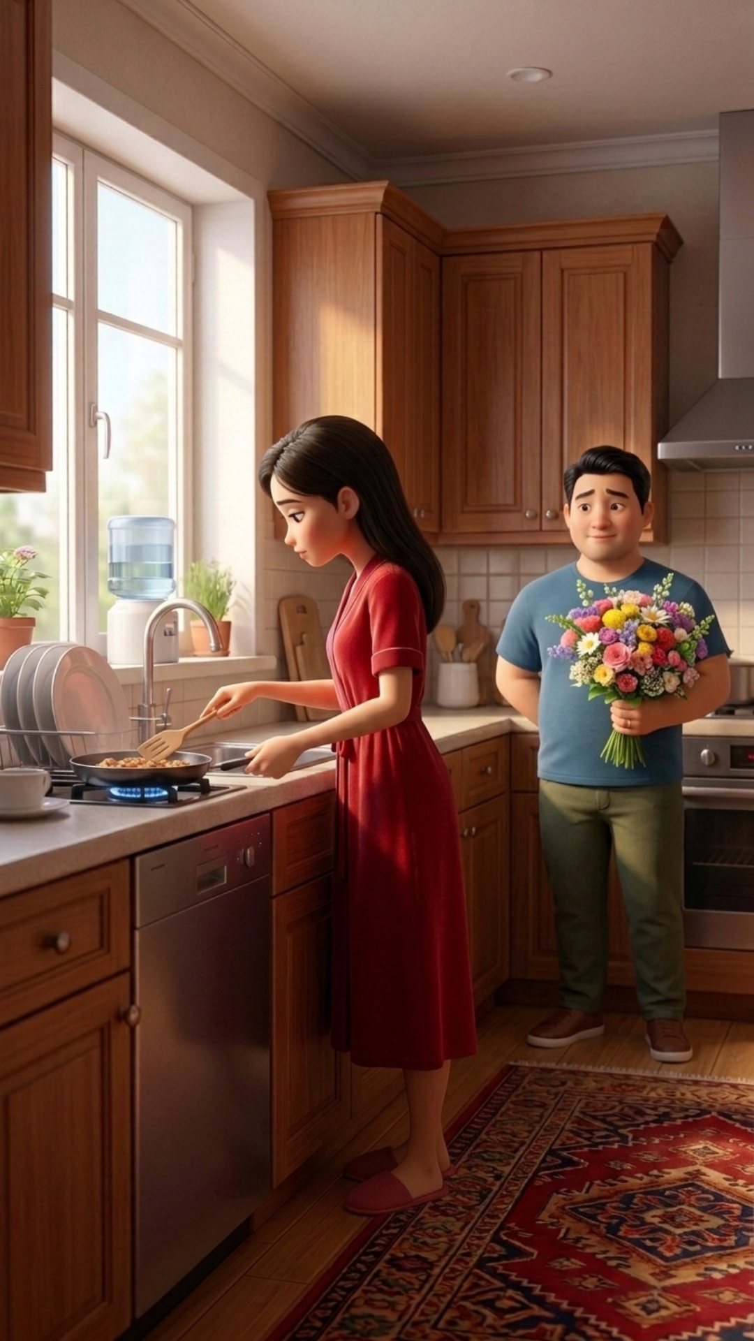 A young woman is standing at the kitchen sink, calmly washing dishes. She is focused on her task ...