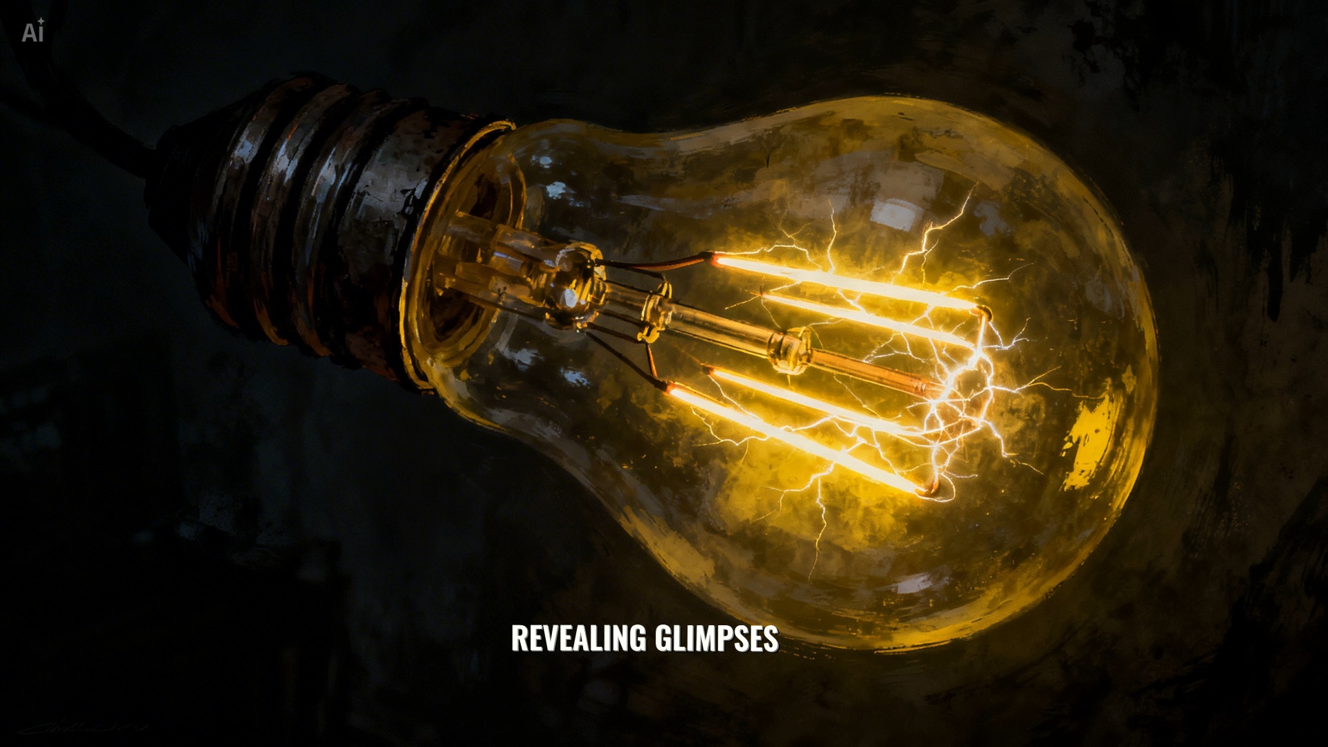Cinematic macro horror shot of an Edison light bulb. SET MOTION SCORE TO 3: The glowing filaments...