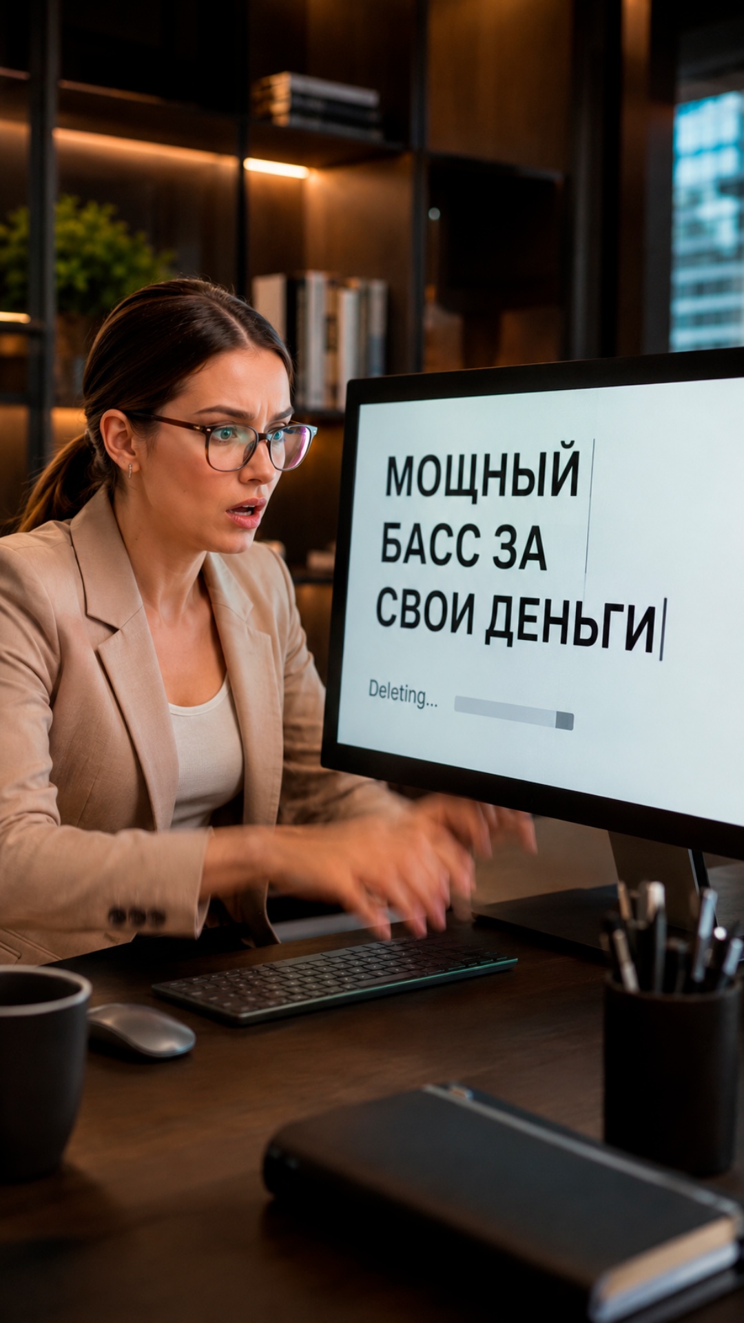 Panicked female marketer typing aggressively at computer. On monitor large Russian text:
«МОЩНЫЙ...