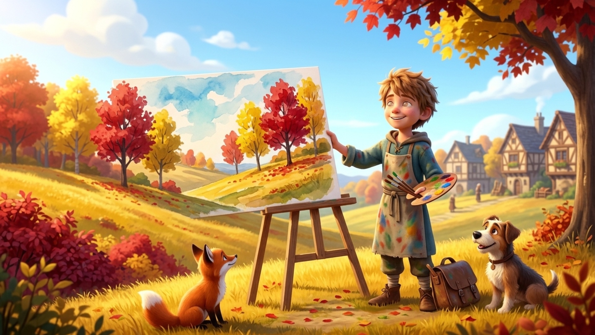 Art style: 3D Pixar.

Финальный кадр: одна из картин мальчика (с желтыми/красными деревьями) прис...
