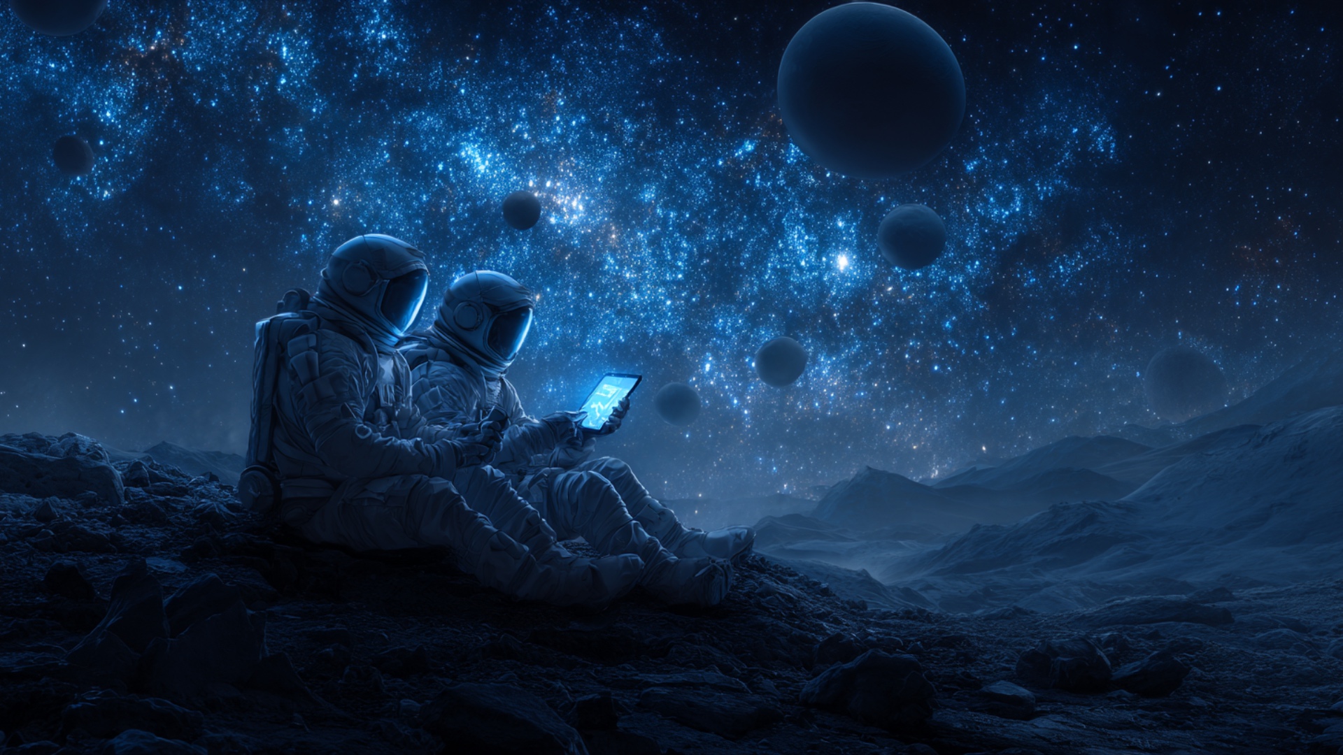 in the silence of deep space, two astronaut sits on a rocky surface, gently hovering weightless b...