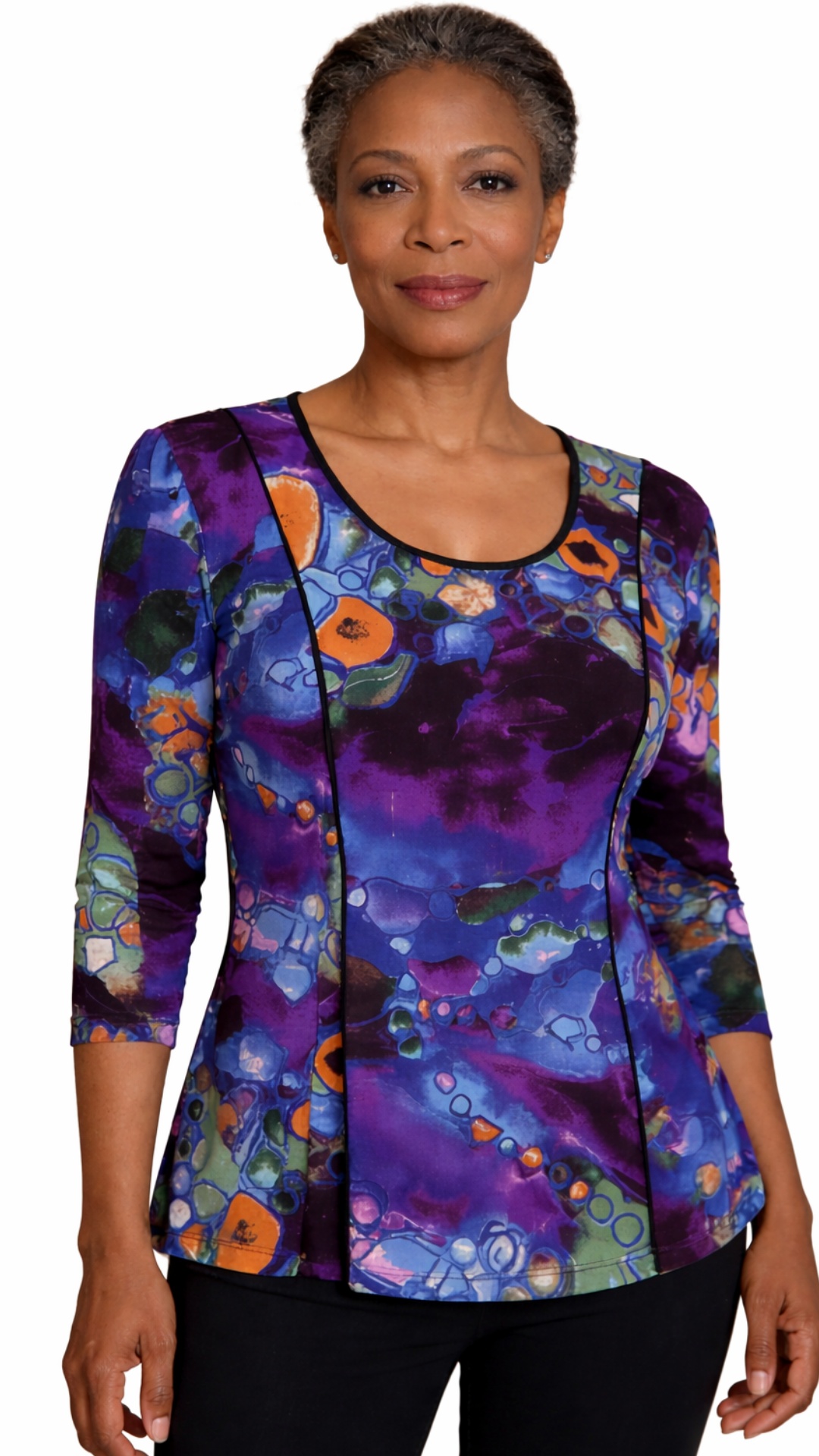 Make the woman look coyly and smile.  hand on one hip