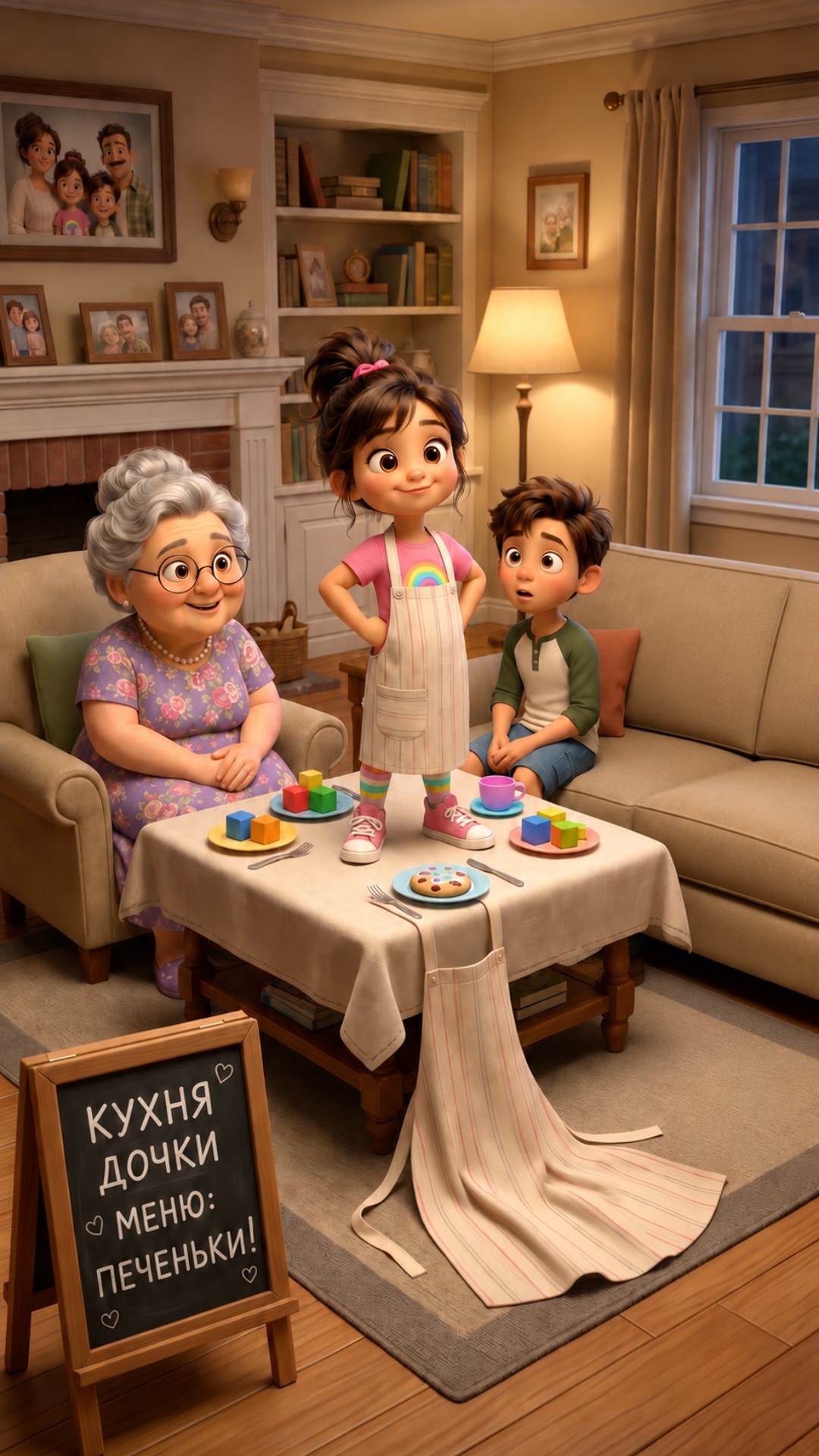 Little girl wearing an oversized apron proudly stands in front of grandmother and neighbor boy in...