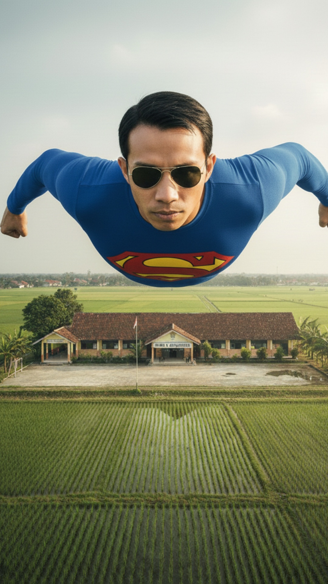 A wide, open rice-field landscape with a flight scene above the building of SDN 3 Cipancar Elemen...