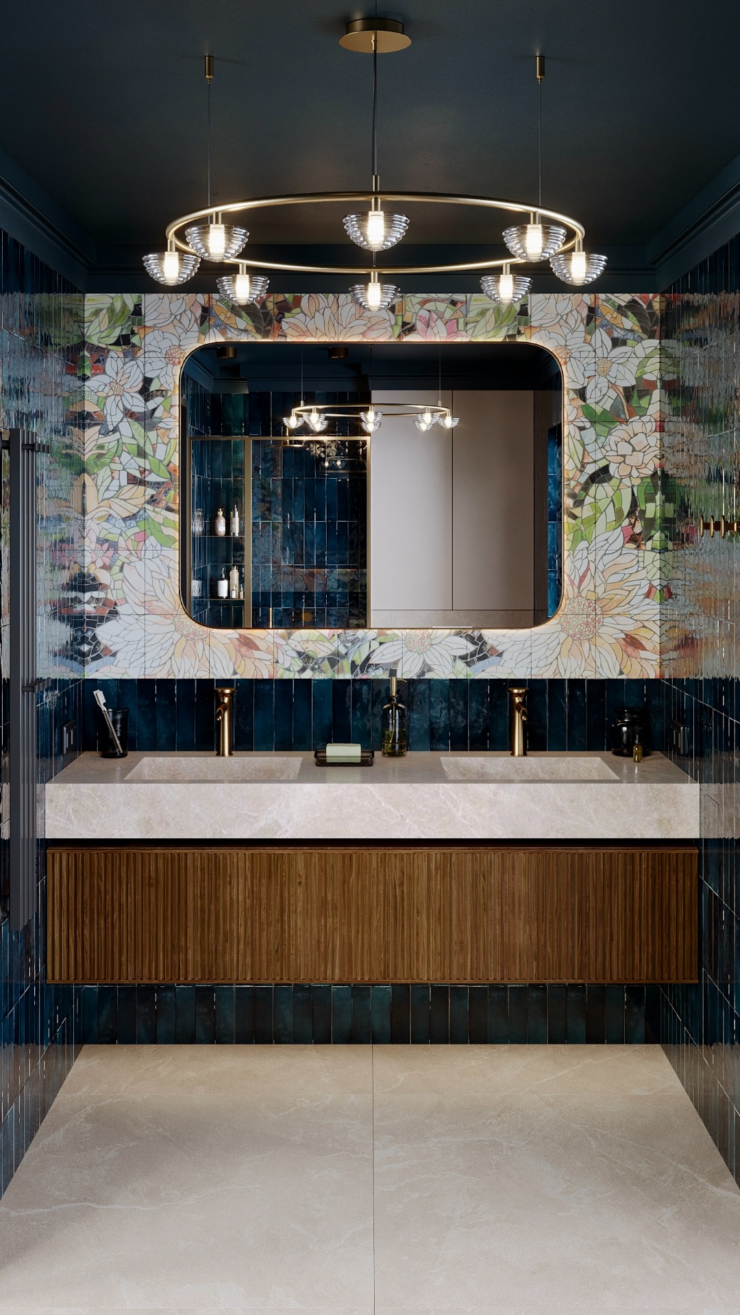 Calm cinematic camera movement in a luxurious bathroom with deep blue glossy tiles and a large fl...