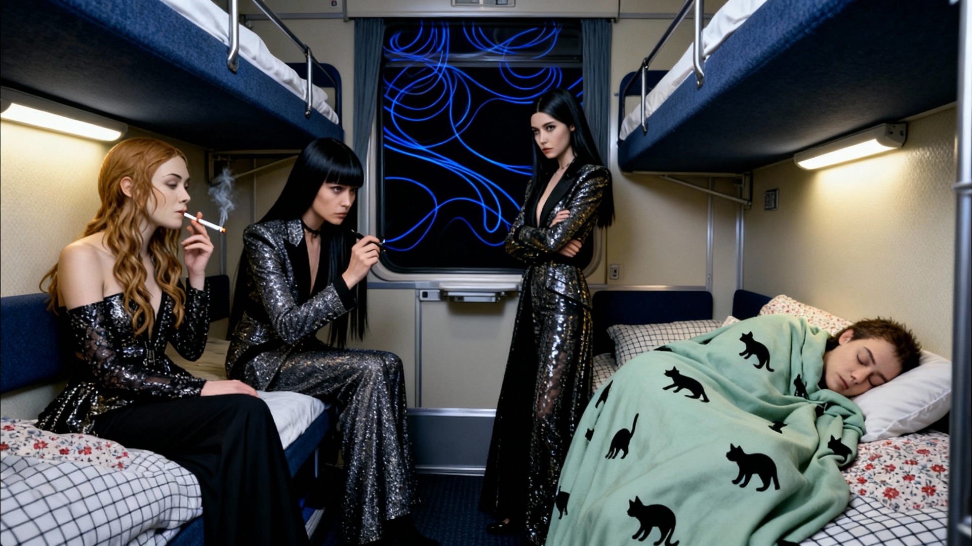 Dans les couchettes du train, Les filles fatiguées se préparent à un petit somme, elles jettent l...