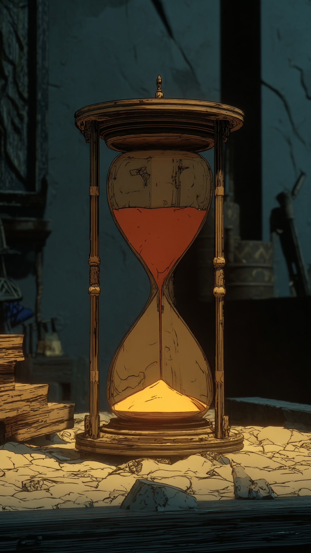 Camera slowly zooms in, the sand in the hourglass is slowly pouring out