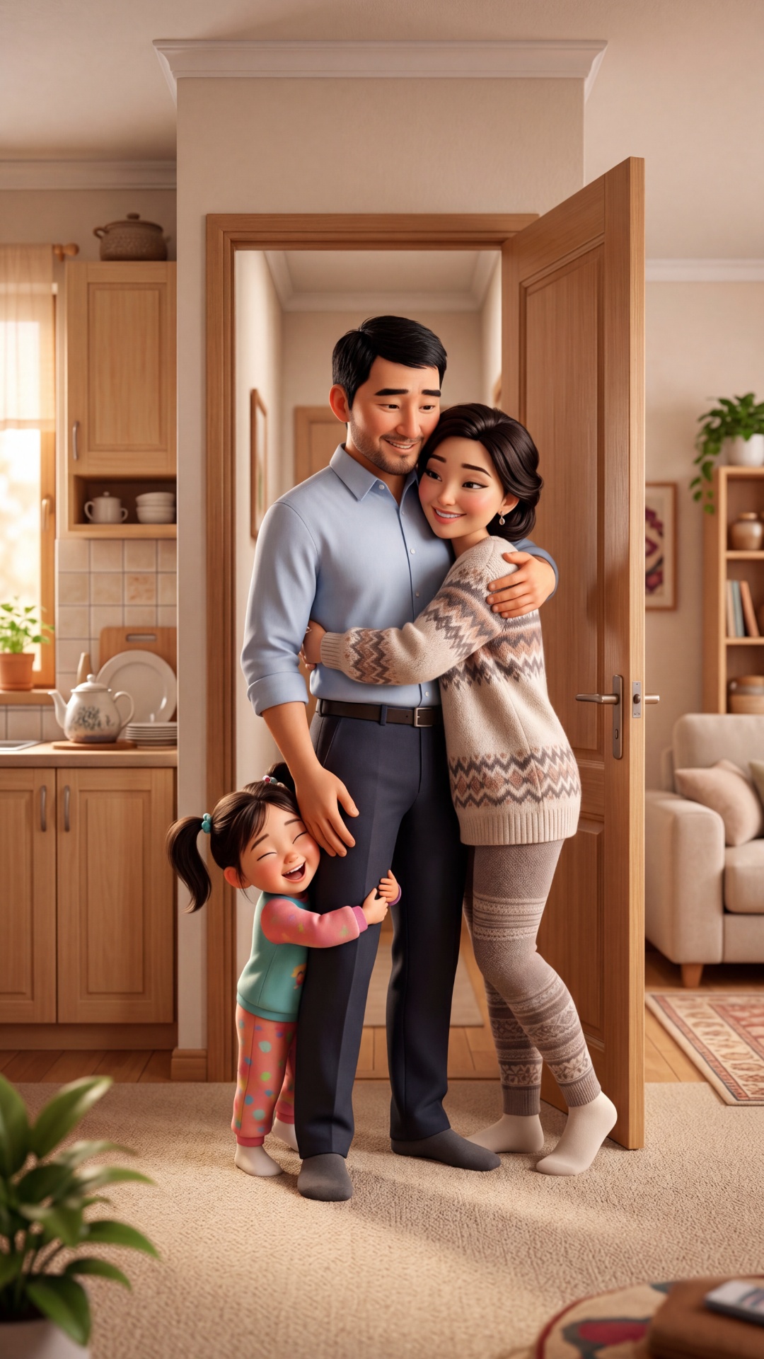 Animated stylized home scene, 70% cartoon style, 30% realism, warm cozy apartment interior, soft ...