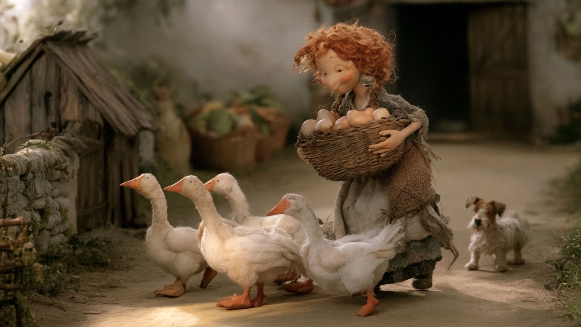 The girl carefully walks forward several clear steps while holding the heavy egg basket firmly ag...