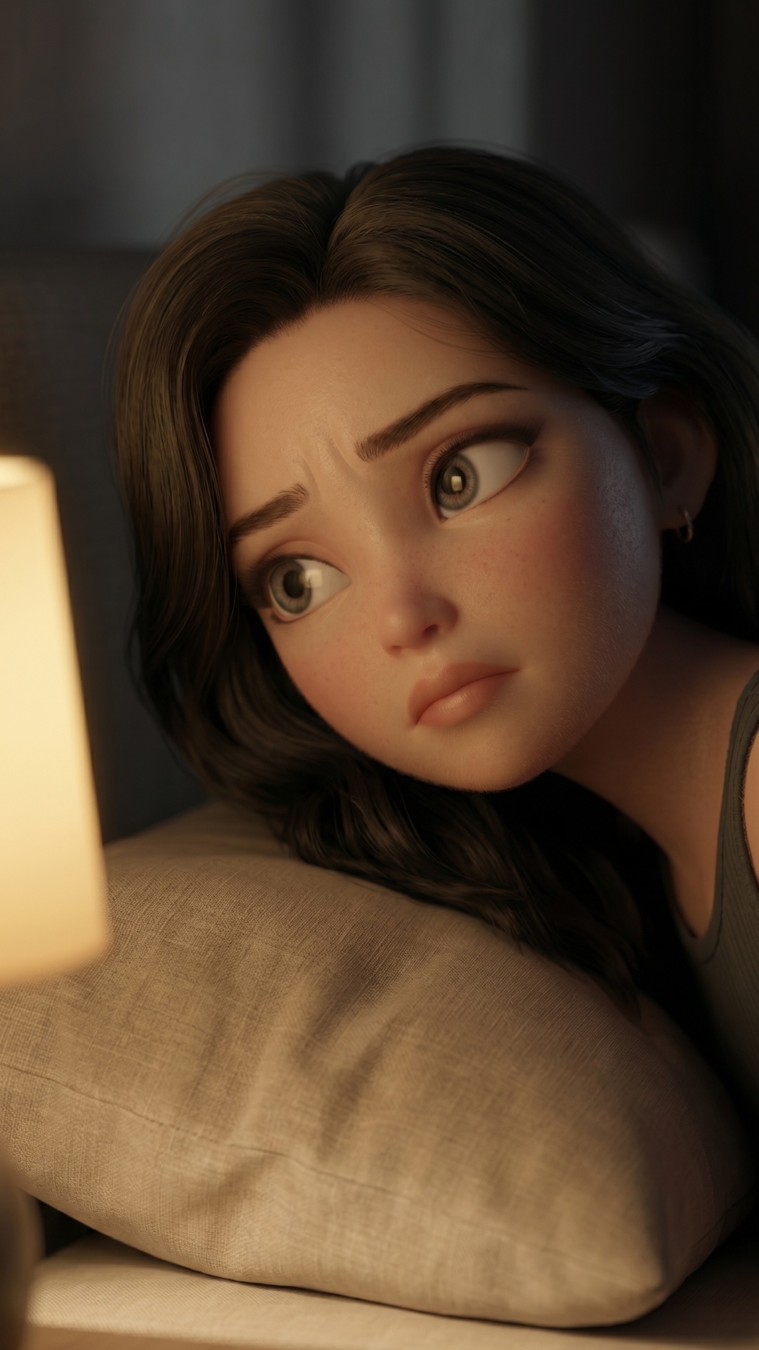 The girl lays her head on the pillow and falls asleep, a soft transition to the end frame