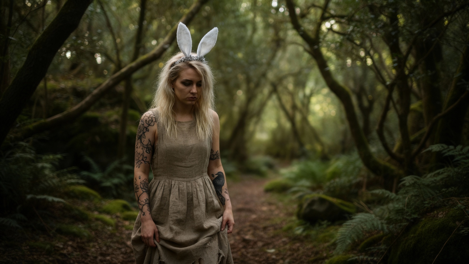 La jeune femme mélancolique et craintive entre timidement dans la forêt.