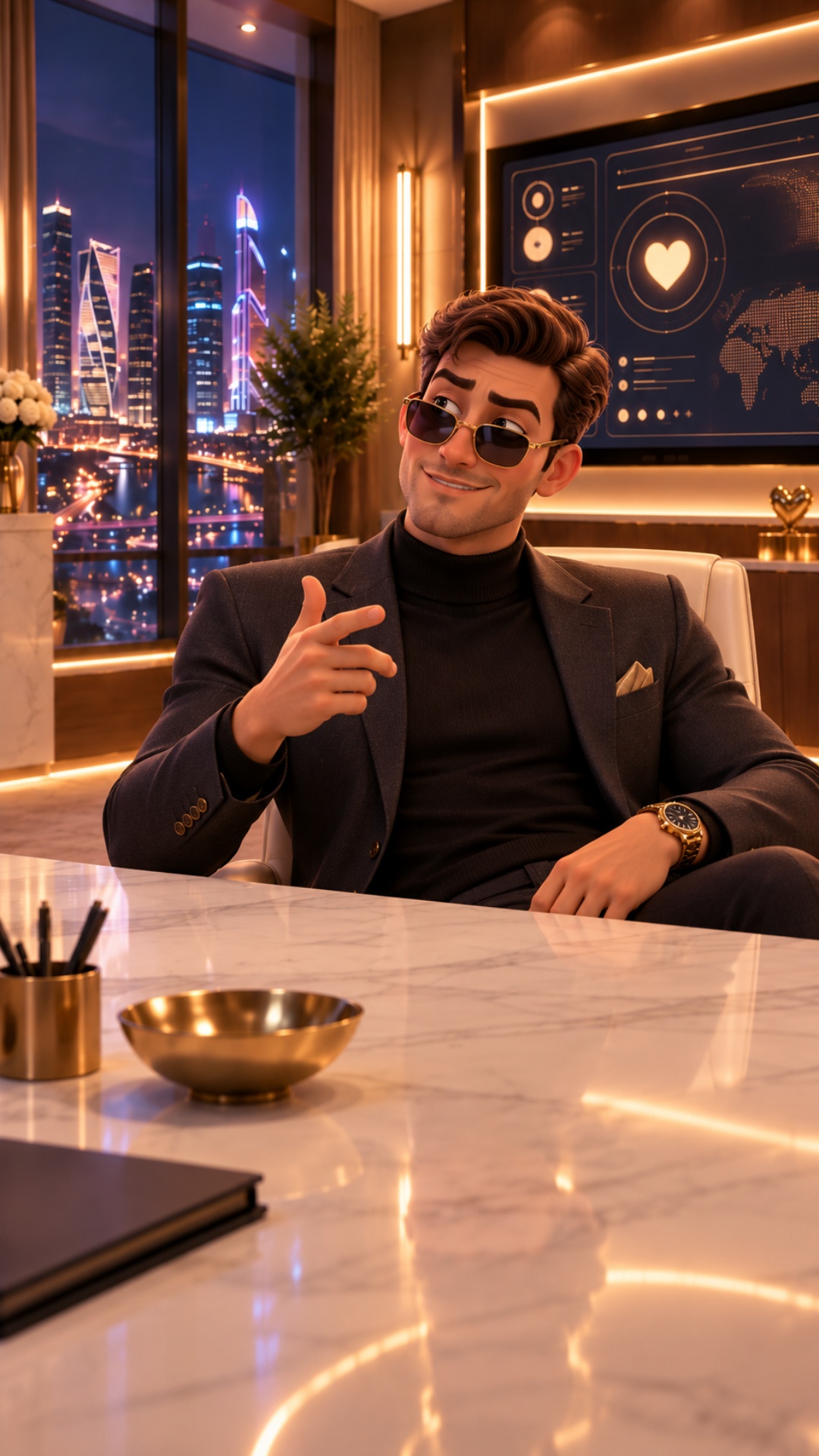 Preserve the exact same character, face, hairstyle, sunglasses, black turtleneck, dark suit, watc...
