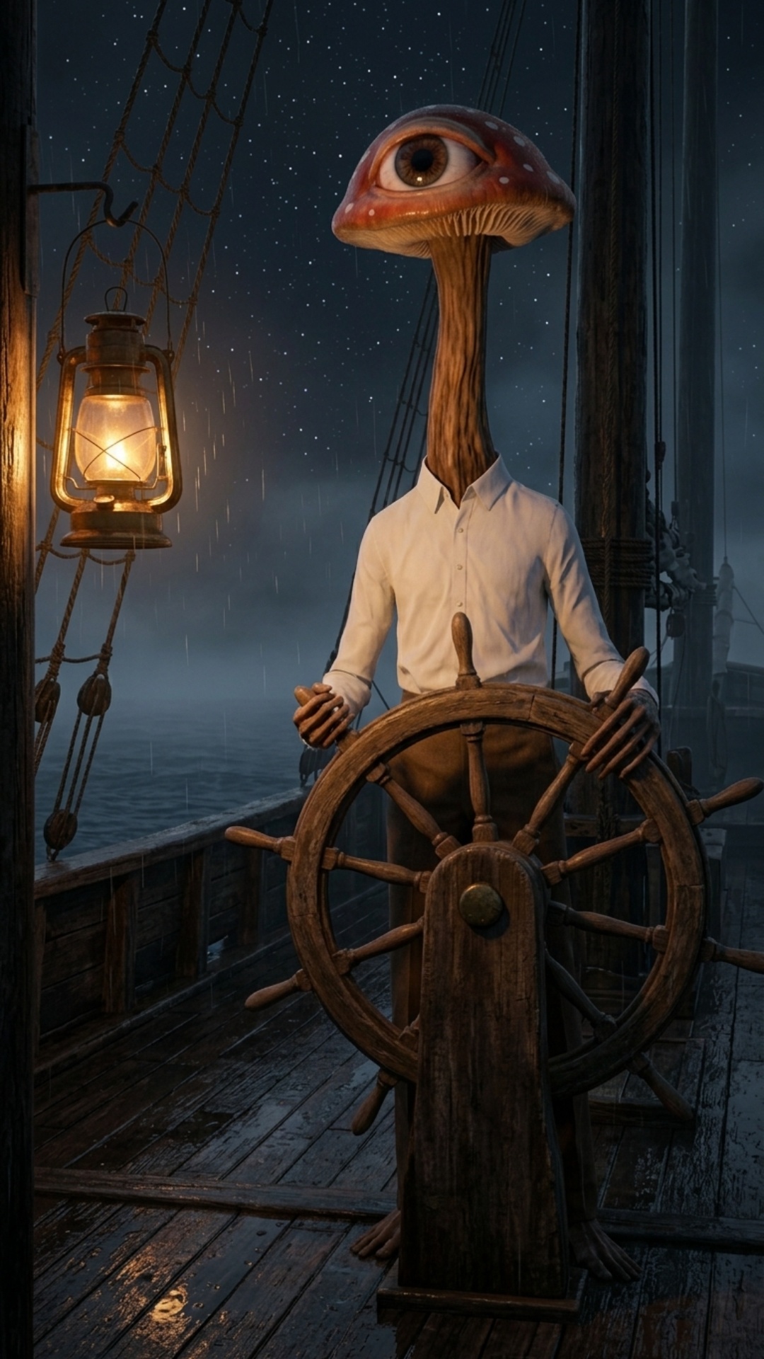 POV observando a Antonio manejar lentamente un viejo barco abandonado durante toda la noche en me...