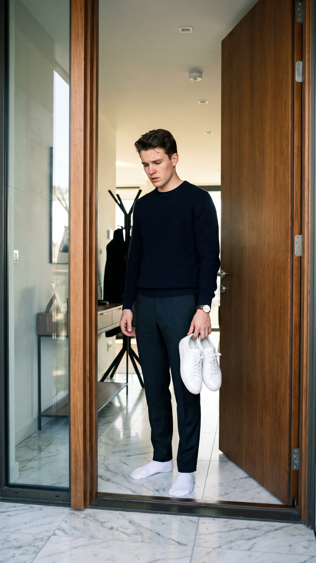 well-dressed man standing in luxury apartment hallway, slight body tension, subtle breathing, sma...