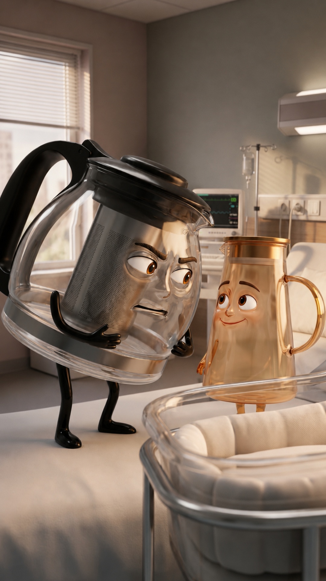 Use the uploaded image as the exact starting frame.

The angry husband kettle and the small gol...
