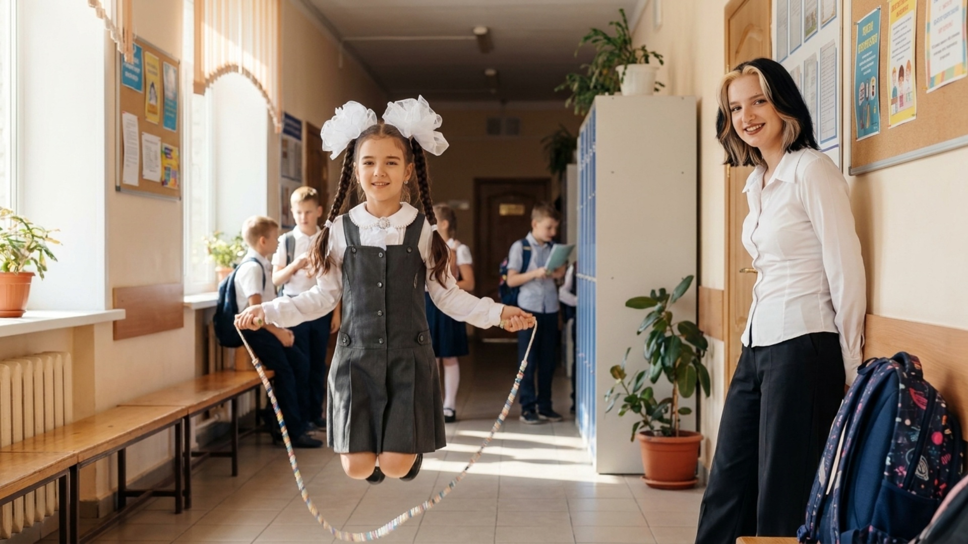 "Animate the scene from the uploaded image. Make the younger girl actively jump with a jump rope,...