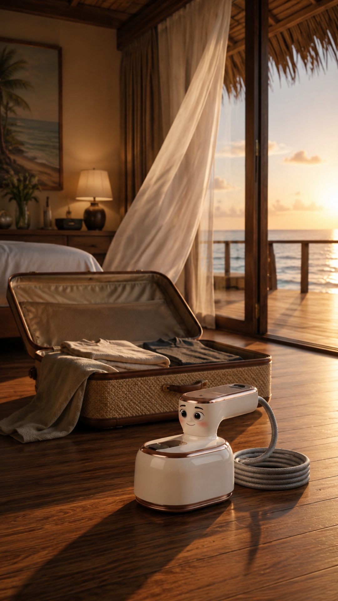 Cinematic handheld shot inside a luxury Maldives overwater villa at sunrise. Warm golden morning ...