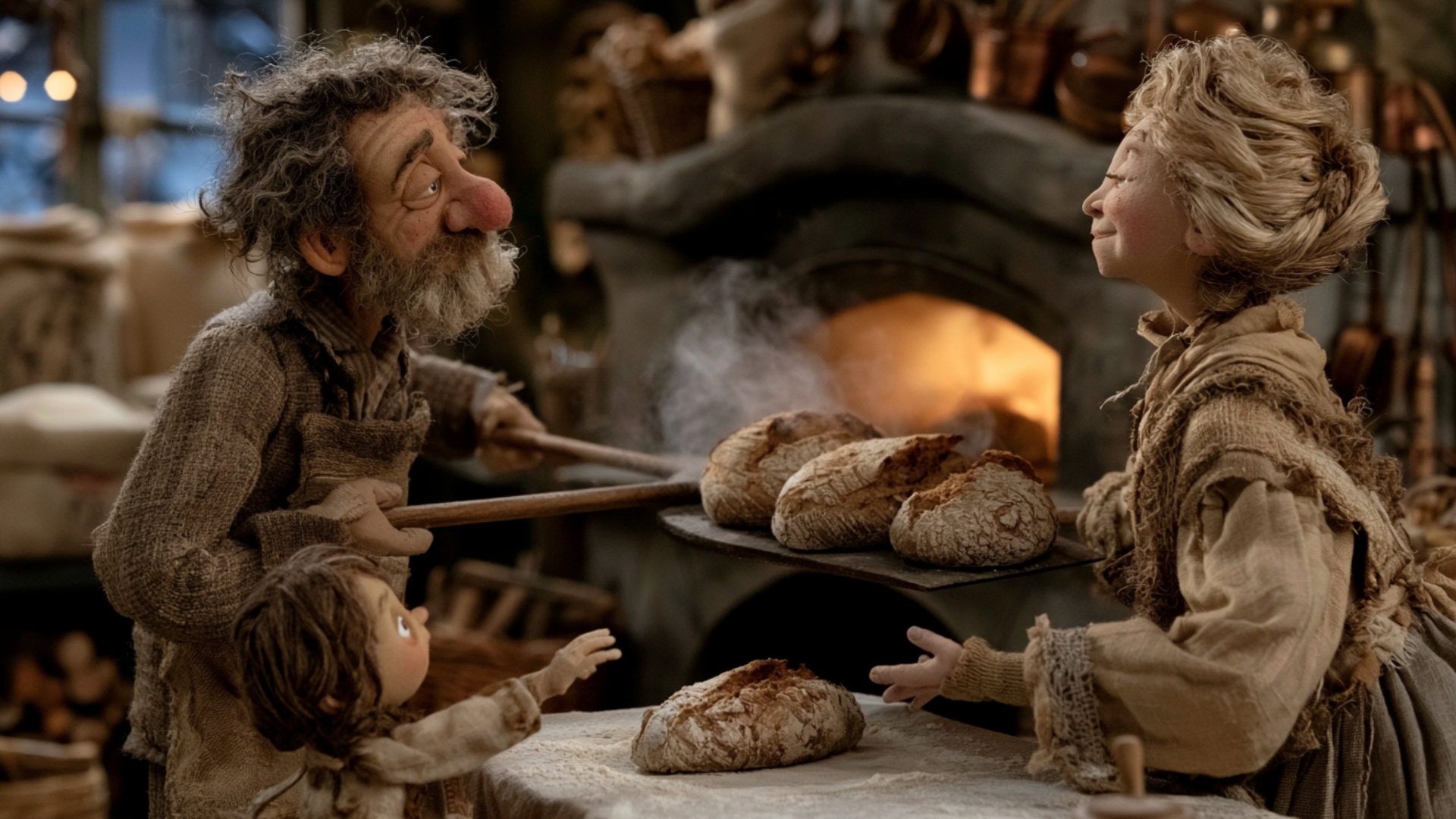The baker slides the bread board forward and the older woman carefully lifts one warm loaf from i...