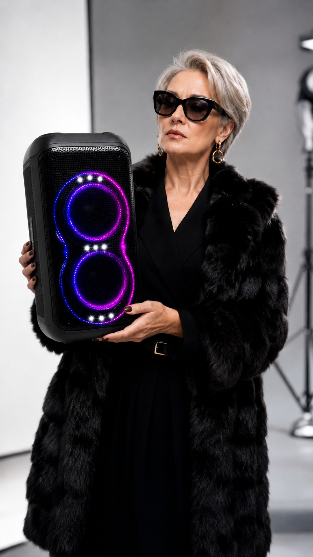 Strict older fashion boss woman carefully holds smaller Eltronic speaker like luxury accessory. R...