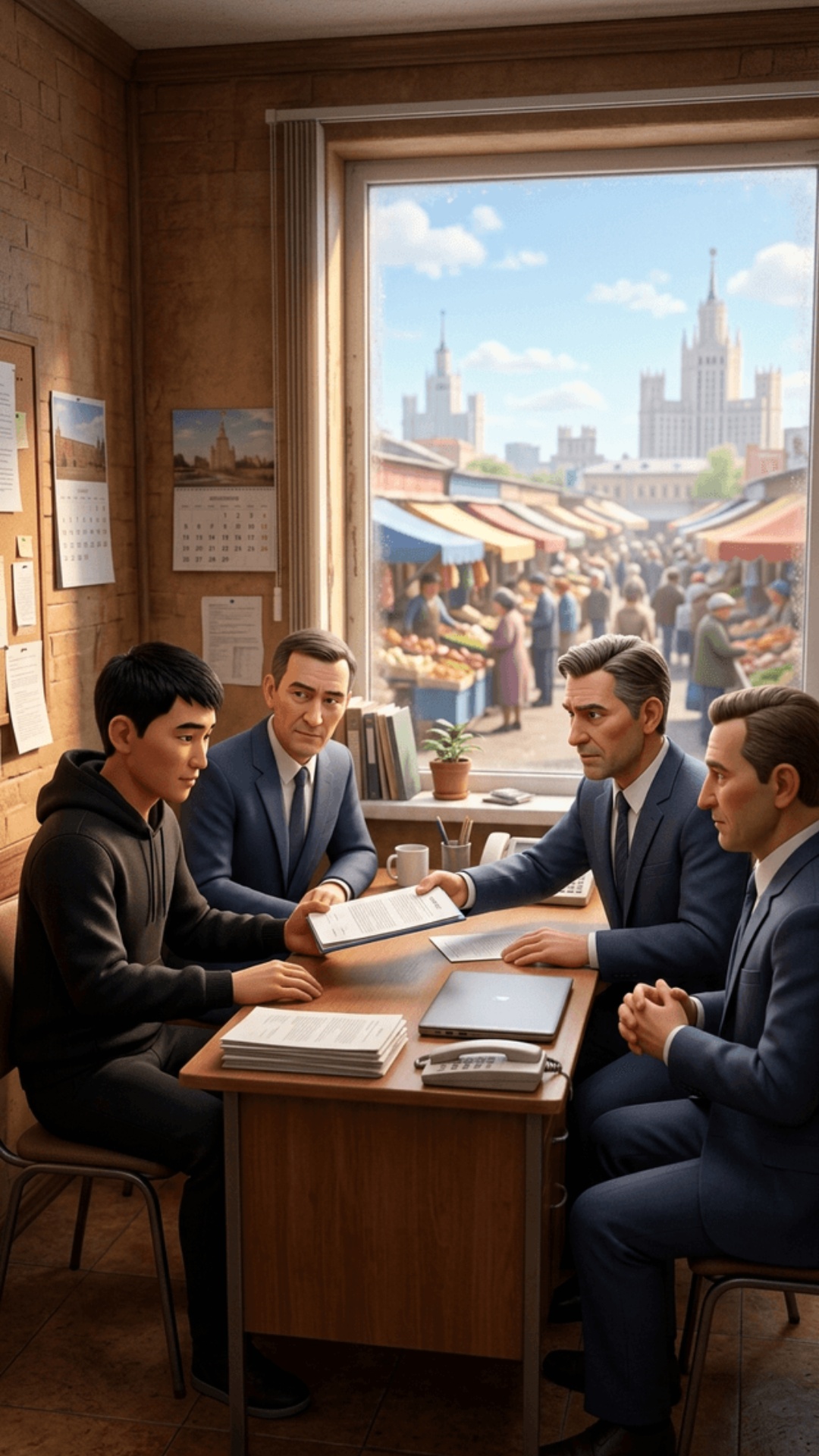 Cinematic Pixar style 3D animation, vertical 9:16.

Spring daytime, inside the office at the Mosc...