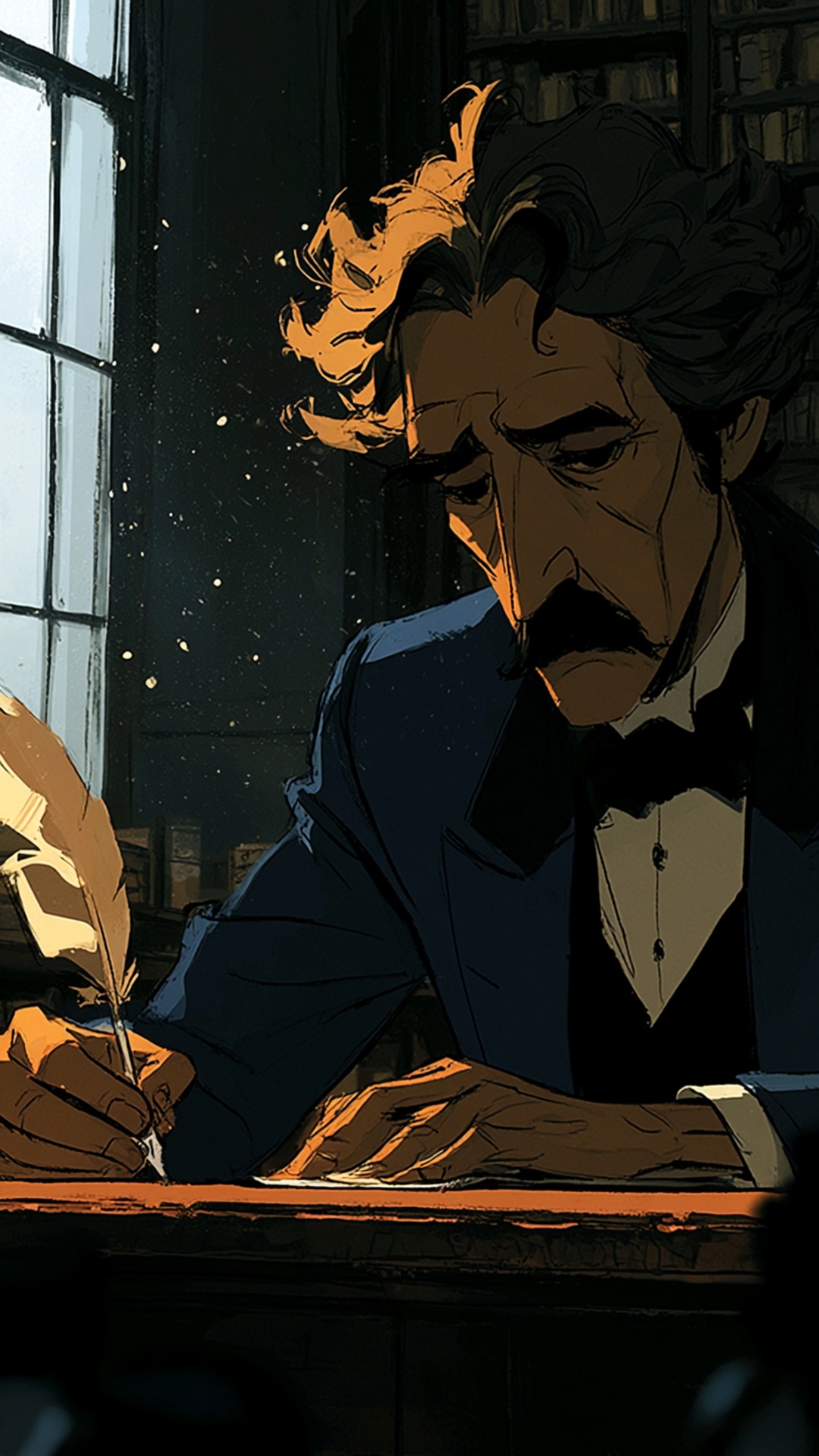 Camera slowly zooms in, the man is writing