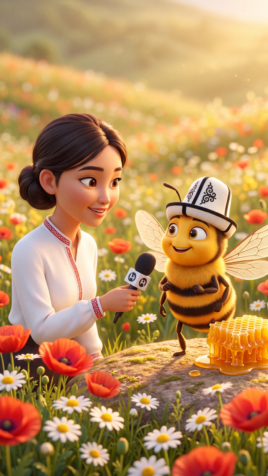 Pixar-style 3D, 9:16 vertical, camera frames BOTH characters.

JOURNALIST (LEFT): young Kyrgyz wo...