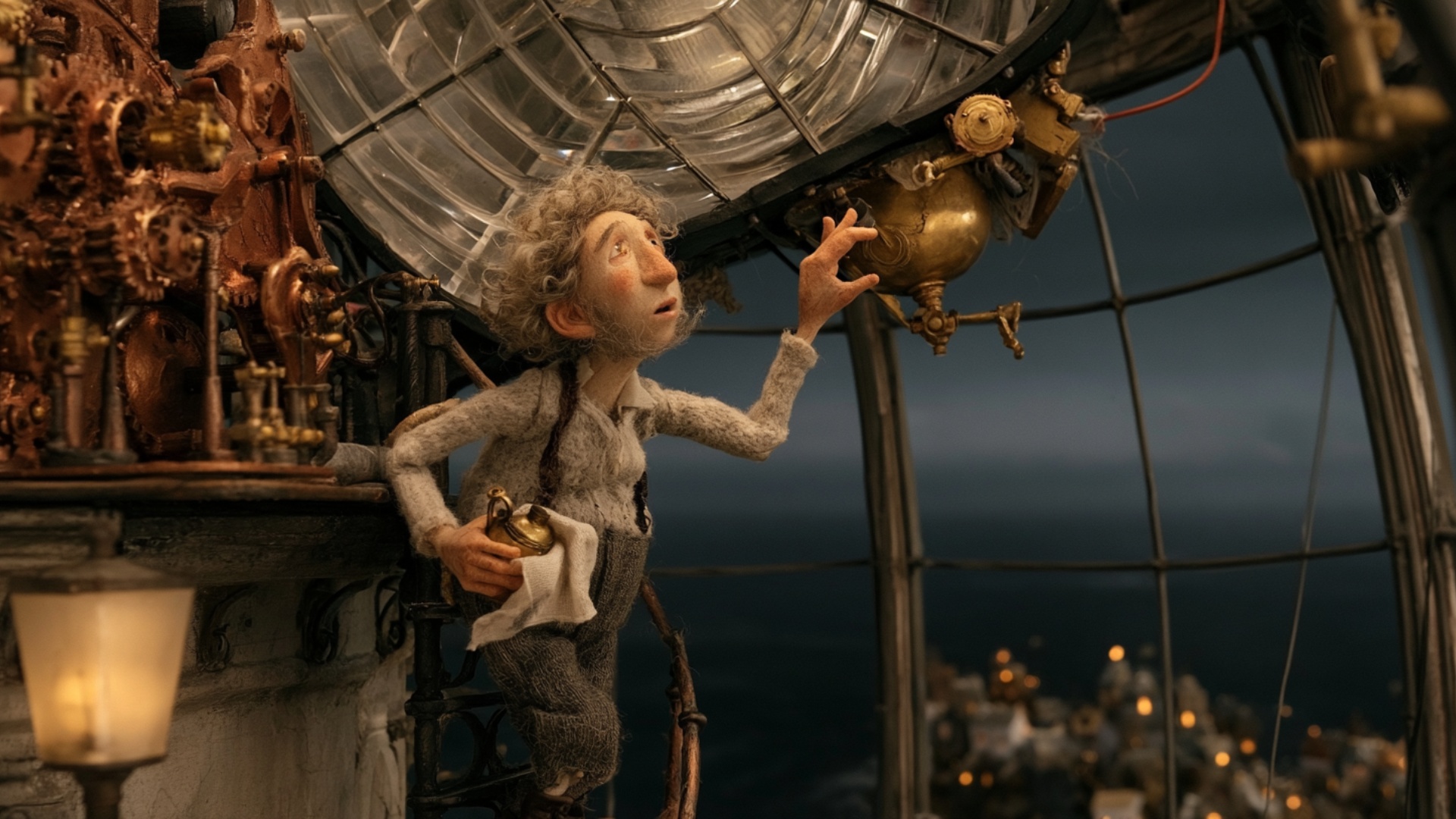 The lighthouse keeper carefully turns the small brass control with the fingertips of one hand, ma...