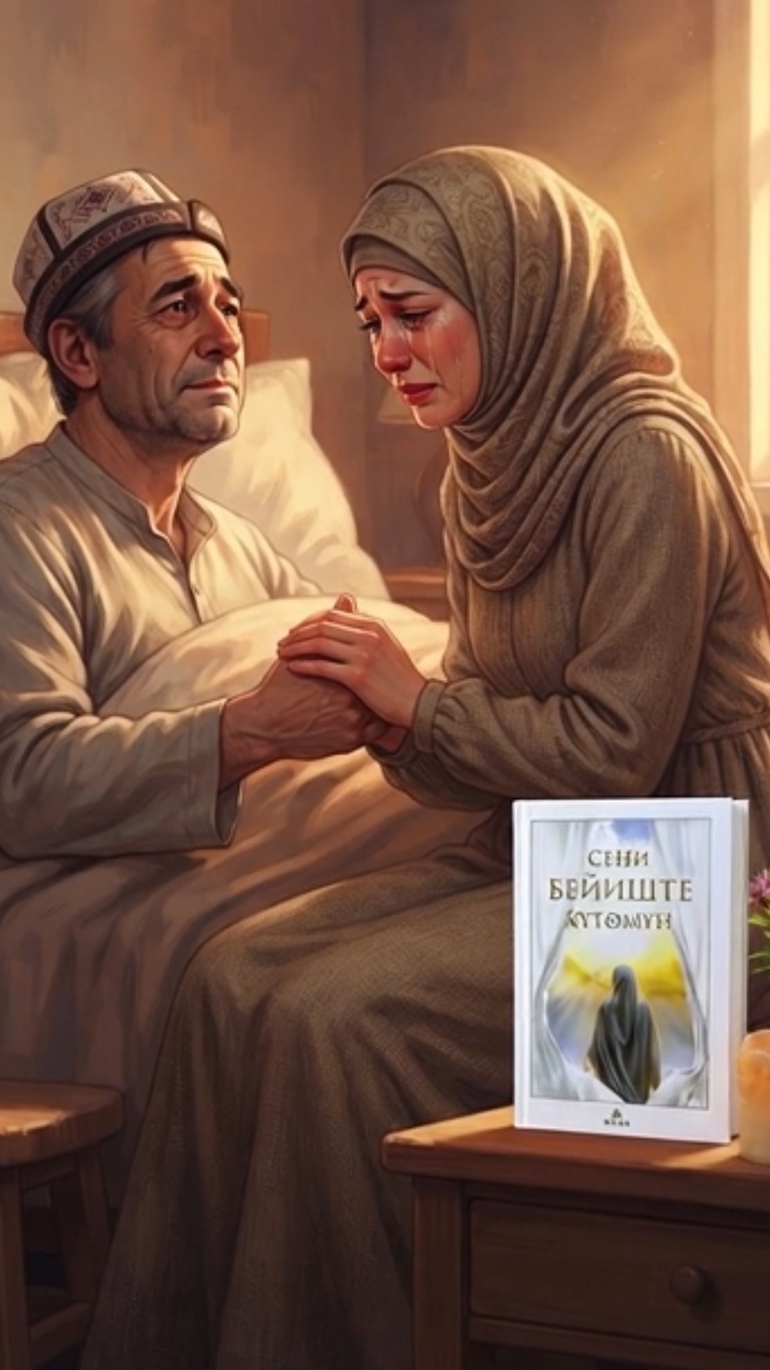 *Cinematic 3D animation scene based on a dramatic dialogue. A middle-aged Muslim man with a skull...