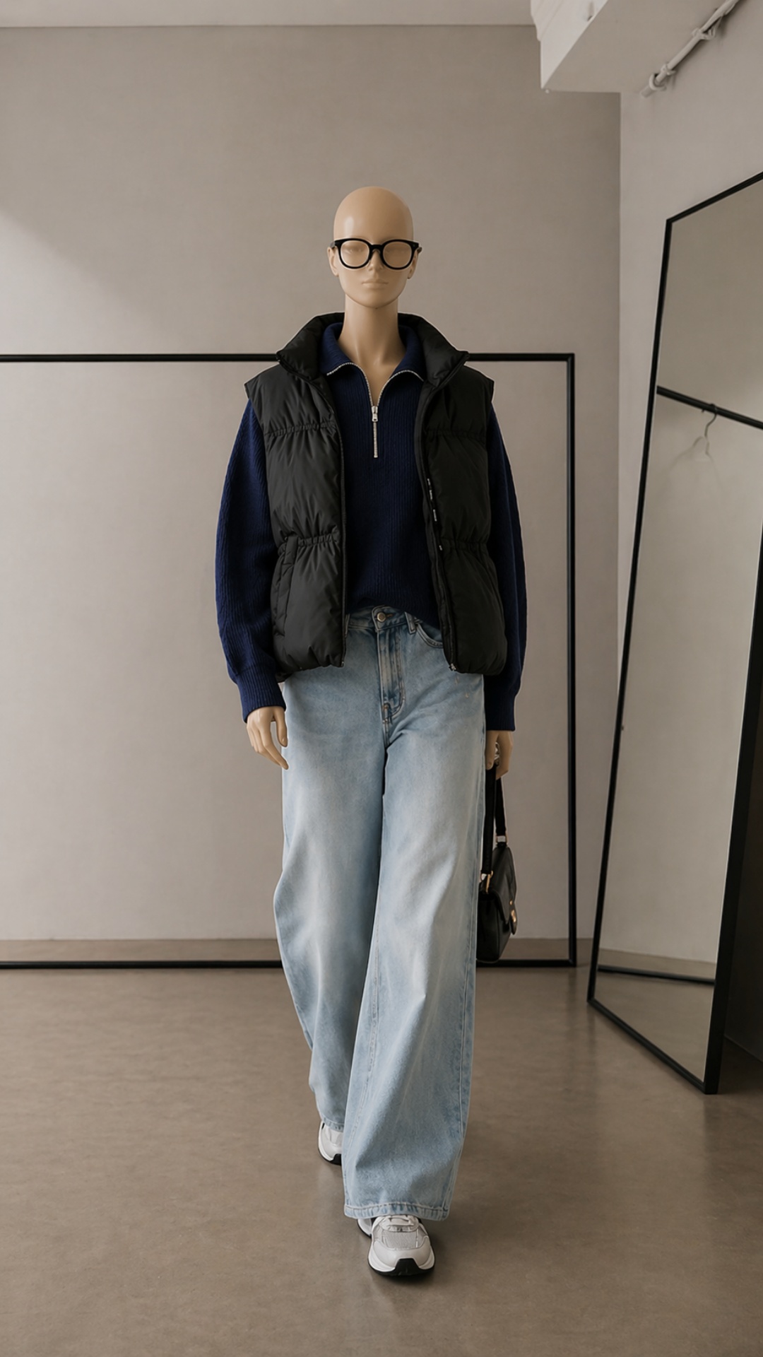 Промт:

minimalist fashion studio, female mannequin wearing outfit, black puffer vest, navy sweat...